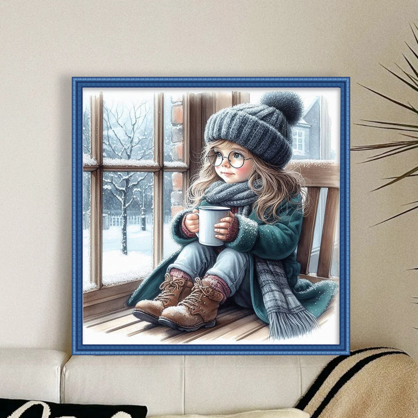 Girl By Window - Full 11CT Stamped Cross Stitch 45x45CM - Huacan
