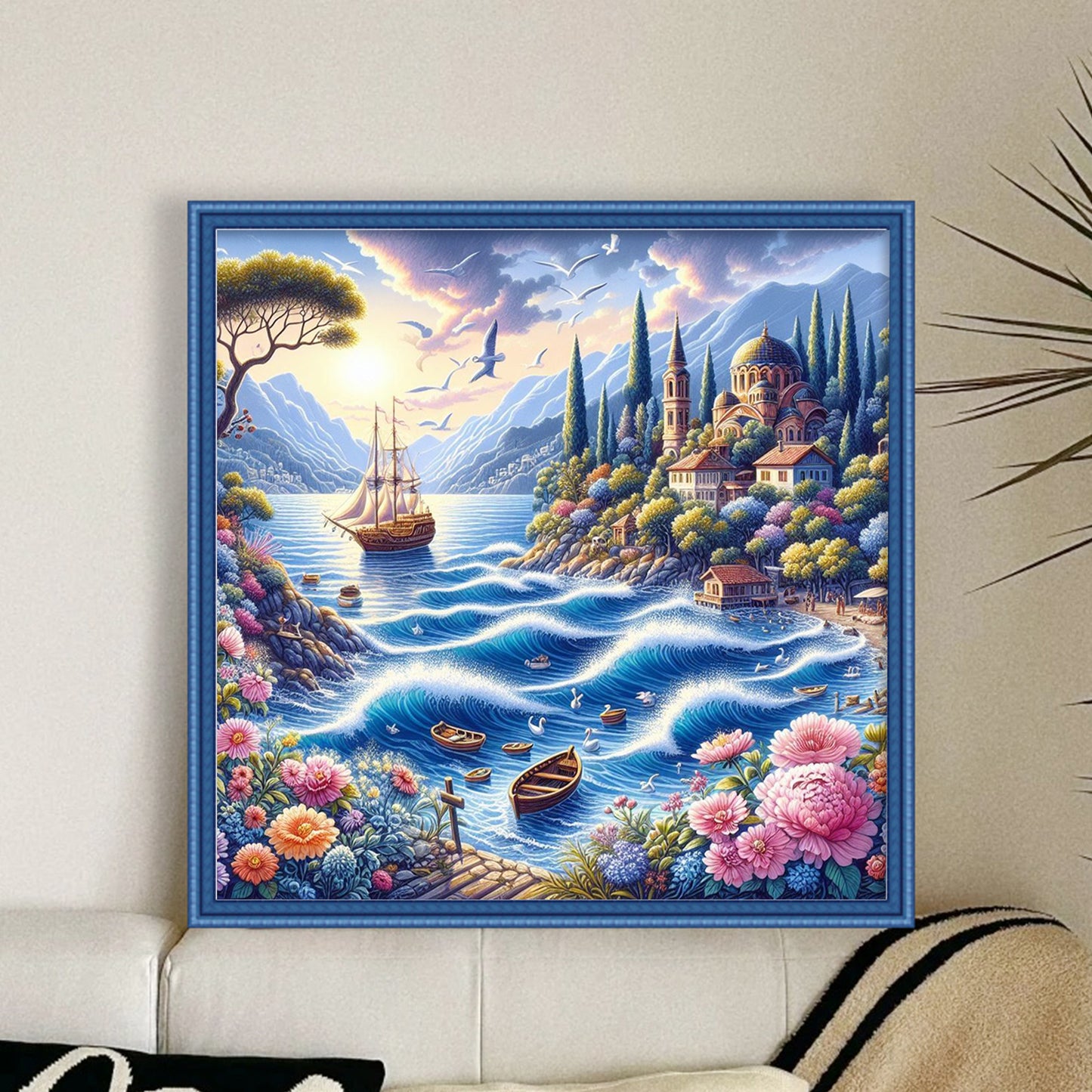 Wave And Flower - Full 11CT Stamped Cross Stitch 50x50CM - Huacan