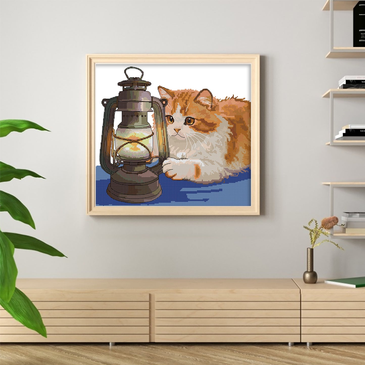Orange Cat And Kerosene Lamp - Partial 14CT Stamped Cross Stitch 42x38CM - Joy Sunday Backstitch