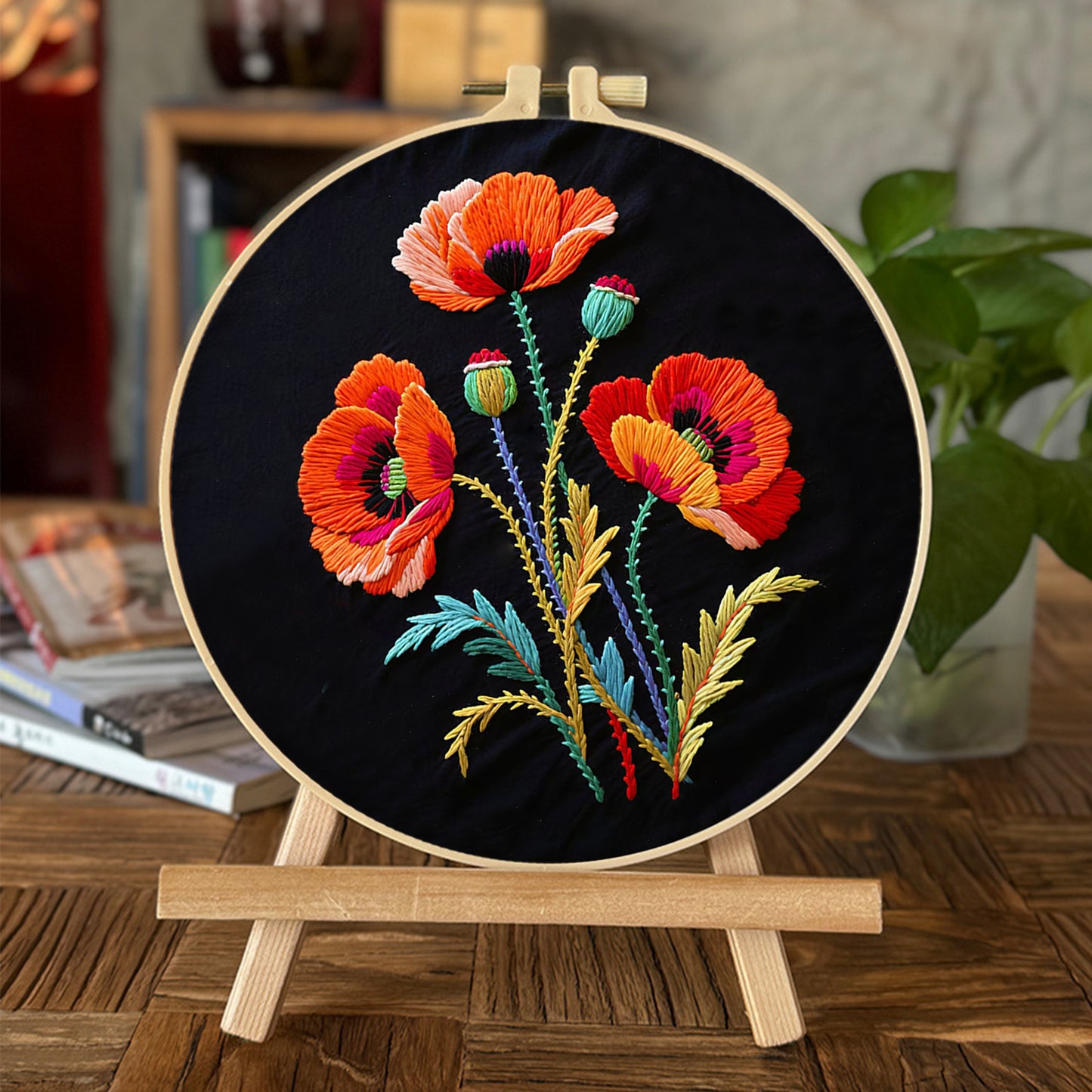 Poppy Flowers - DIY Embroidery Cross Stitch Kit with Pattern Cotton Threads Needles Hoop 30x30CM/11.81x11.81in