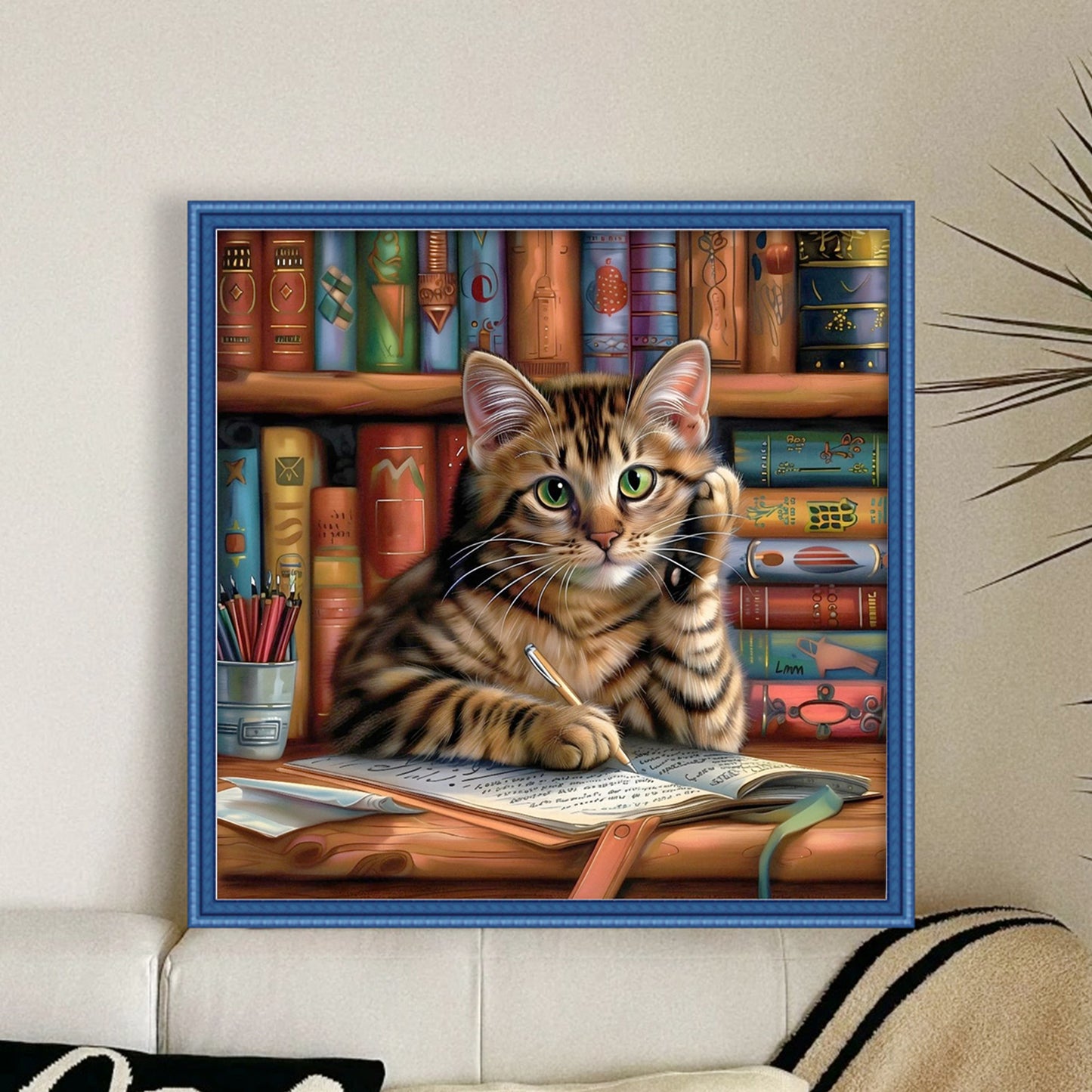 Writing Cat - Full 11CT Stamped Cross Stitch 45x45CM - Huacan