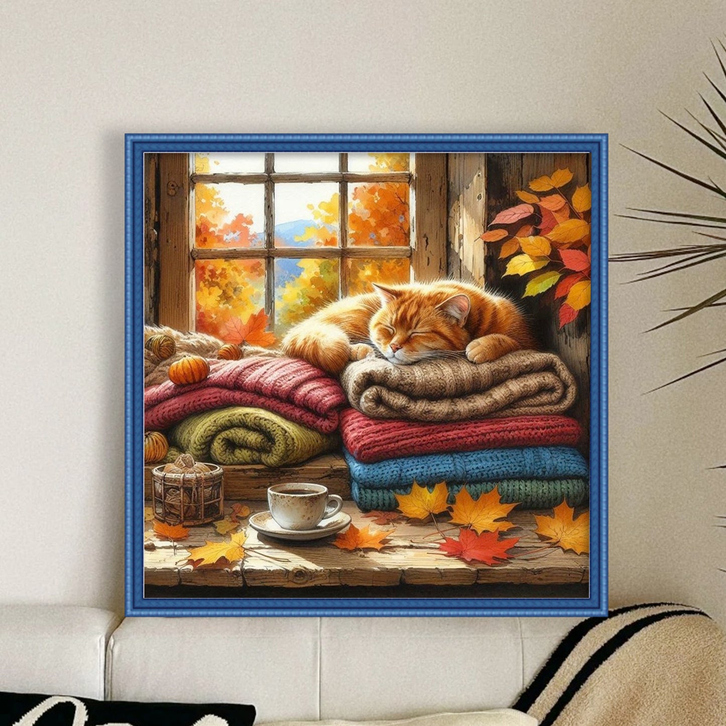 Sleeping Cat By The Window - Full 11CT Stamped Cross Stitch 45x45CM - Huacan