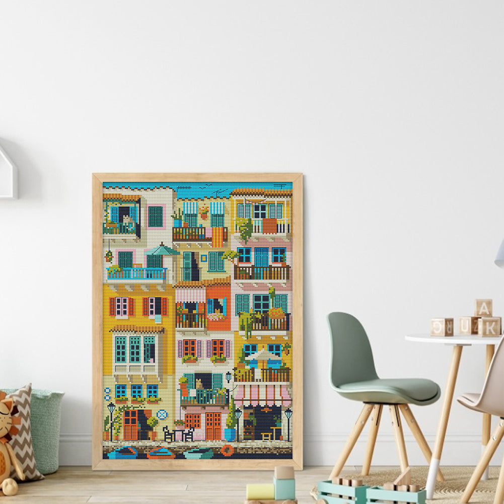 Colorful Apartment - Full 14CT Stamped Cross Stitch 29x42CM - Joy Sunday Backstitch