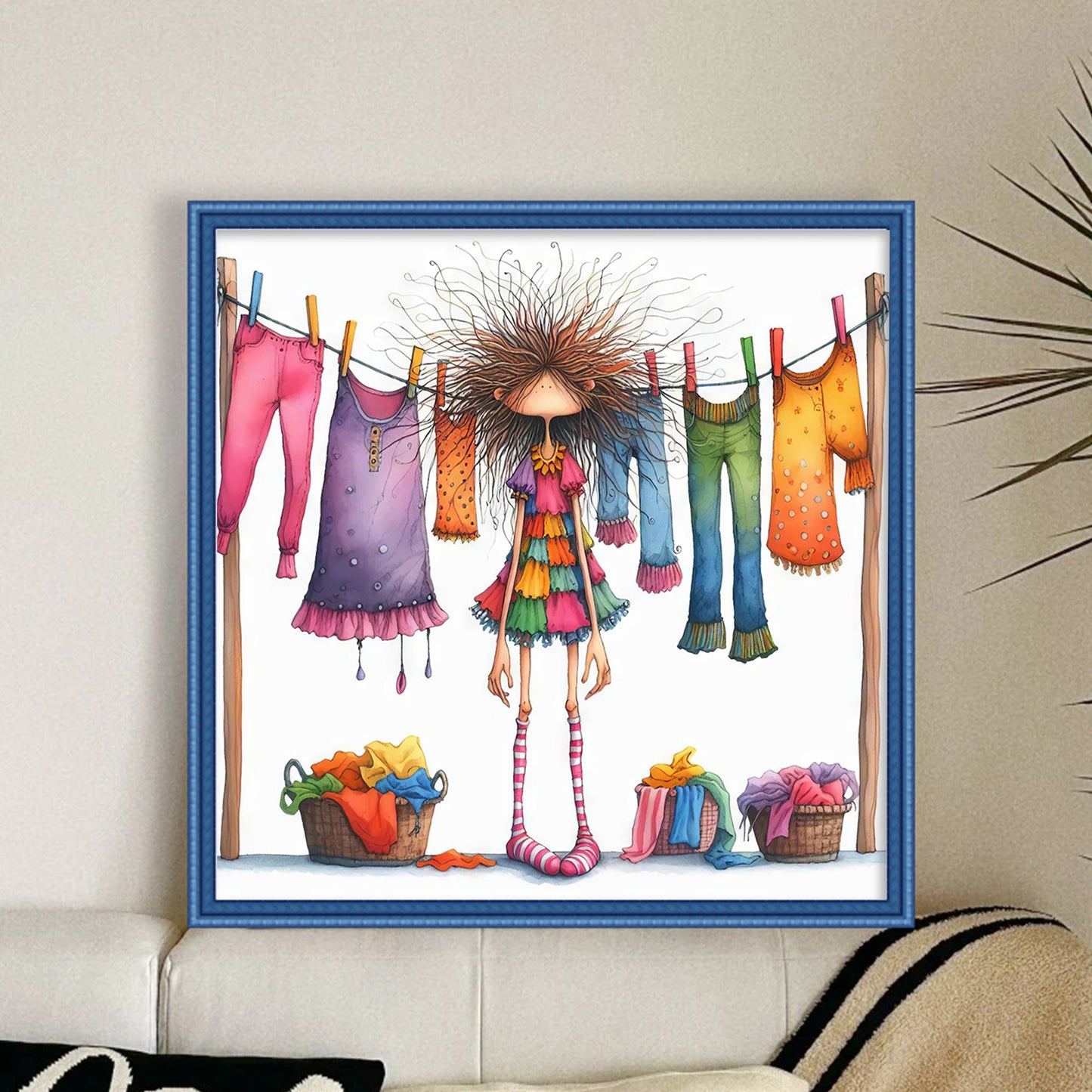 Girl Hanging Laundry - Full 14CT Stamped Cross Stitch 45x45CM - Huacan