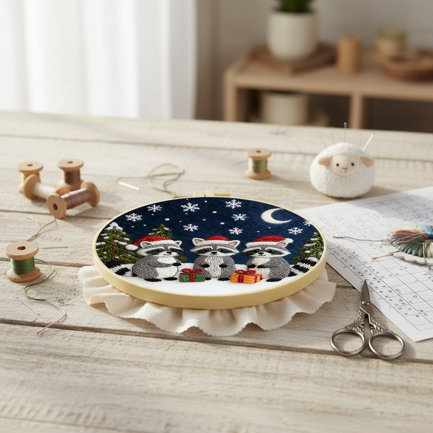 Raccoon - DIY Embroidery Cross Stitch Kit with Pattern Cotton Threads Needles Hoop 29x29CM/11.42x11.42in