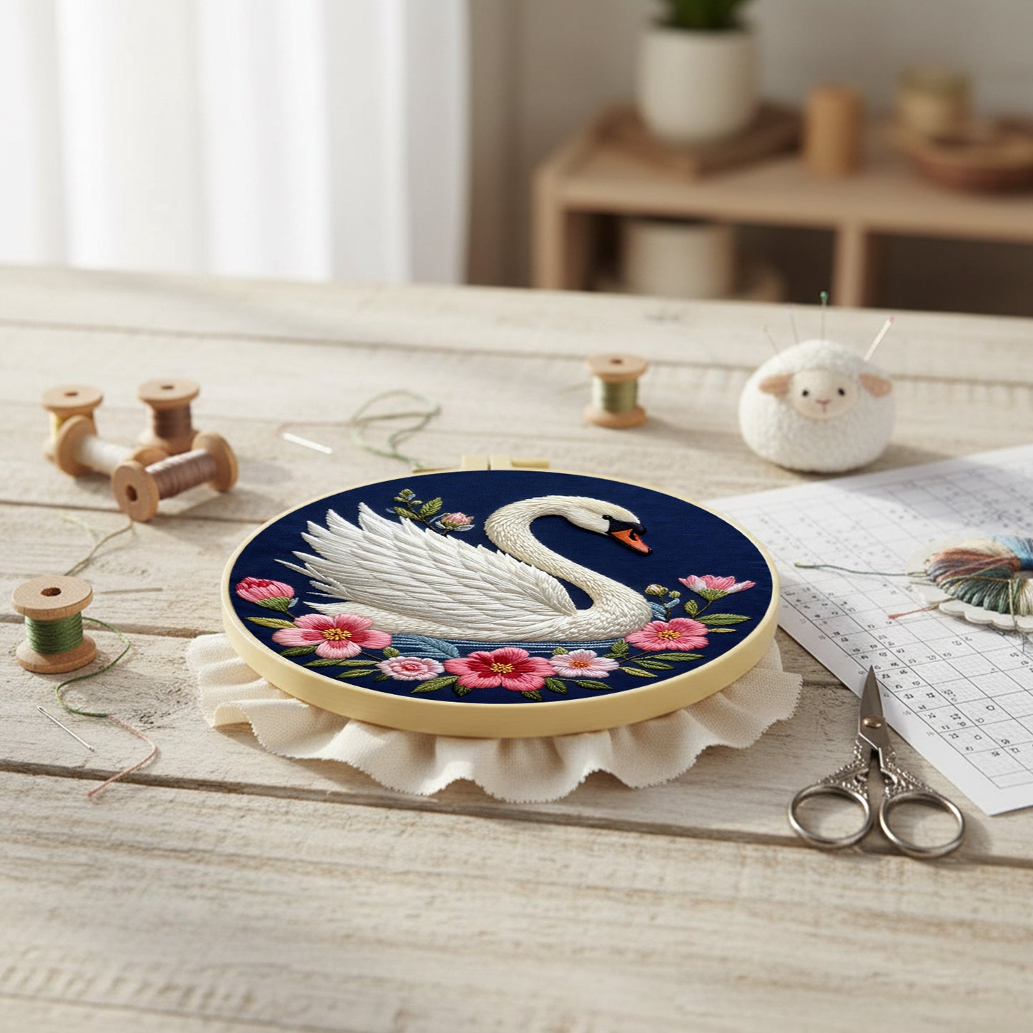 Swan - DIY Embroidery Cross Stitch Kit with Pattern Cotton Threads Needles Hoop 29x29CM/11.42x11.42in