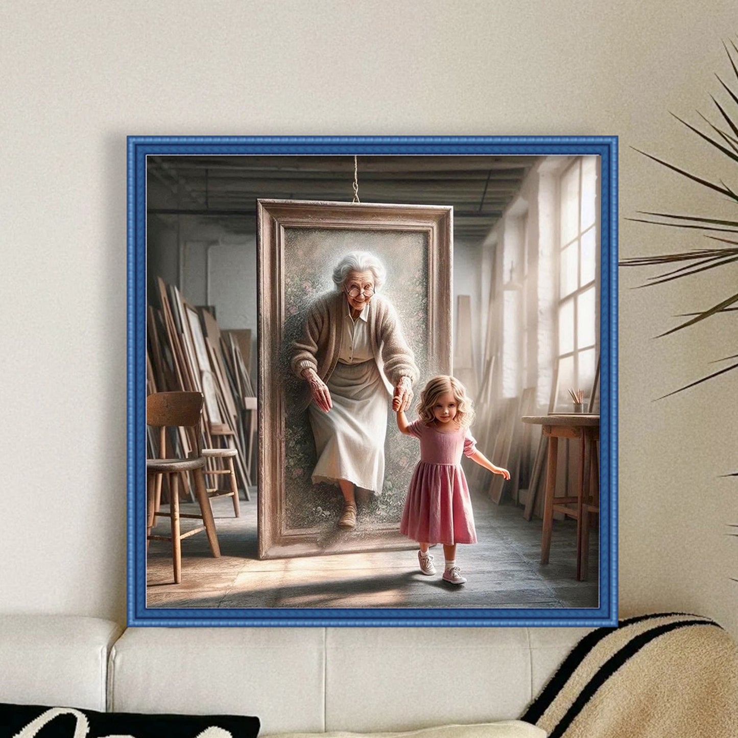 Girl And Grandma - Full 11CT Stamped Cross Stitch 45x45CM - Huacan