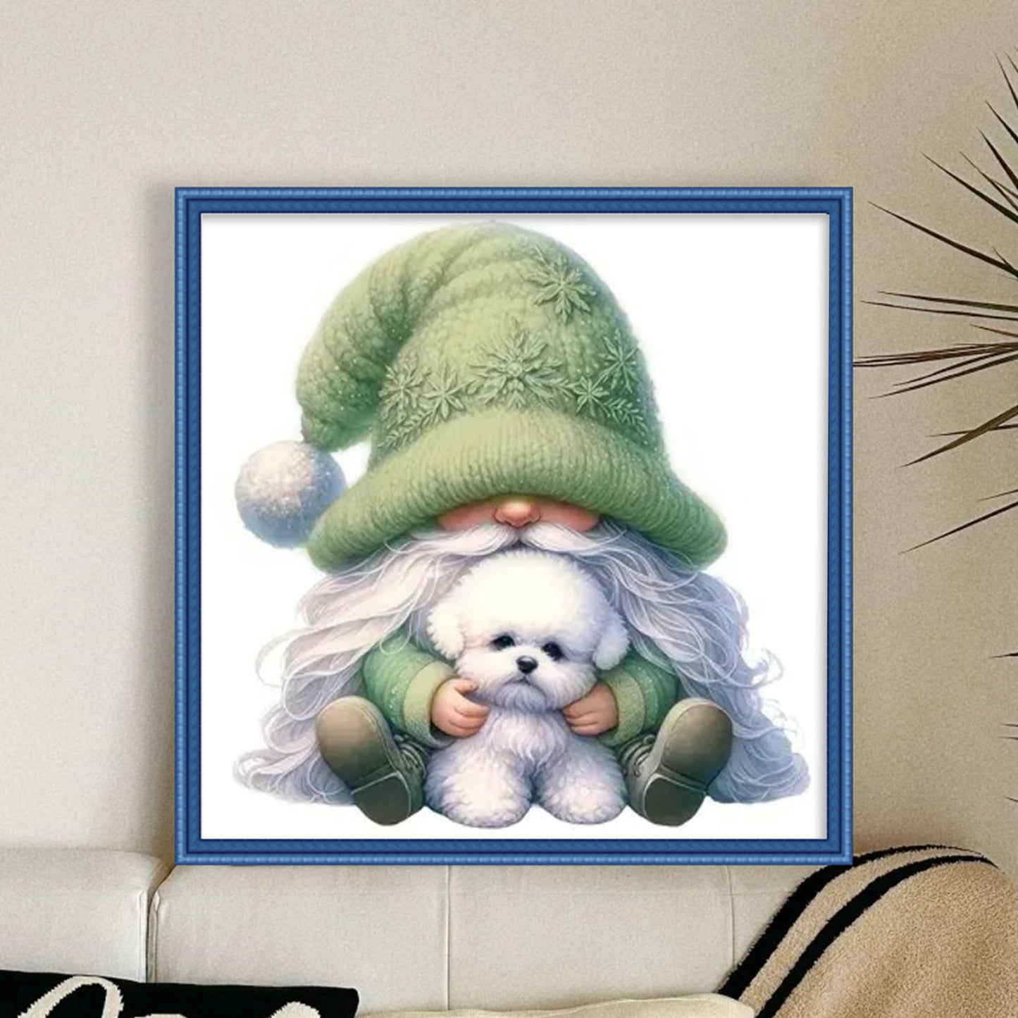 Gnome And Bichon Frise - Full 18CT Stamped Cross Stitch 20x20CM - Huacan