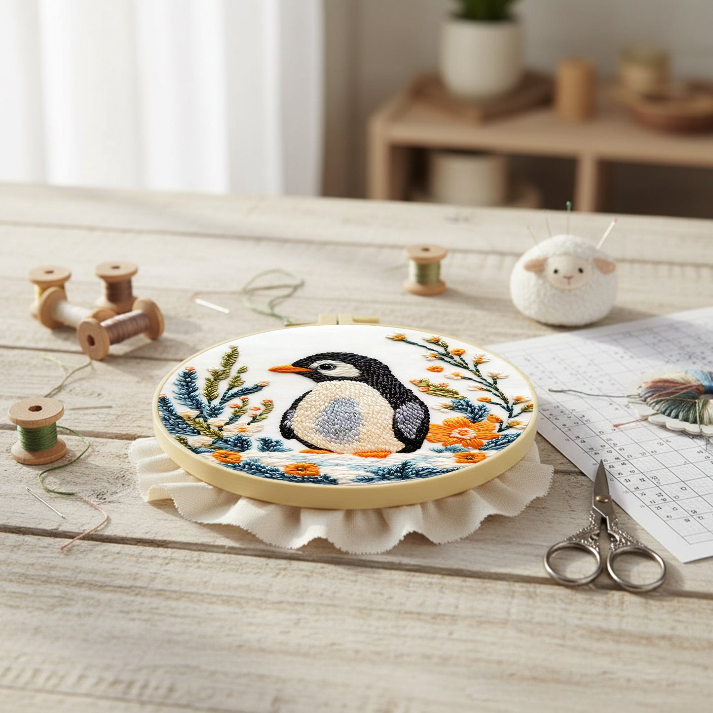 Penguin - DIY Embroidery Cross Stitch Kit with Pattern Cotton Threads Needles Hoop 29x29CM/11.42x11.42in