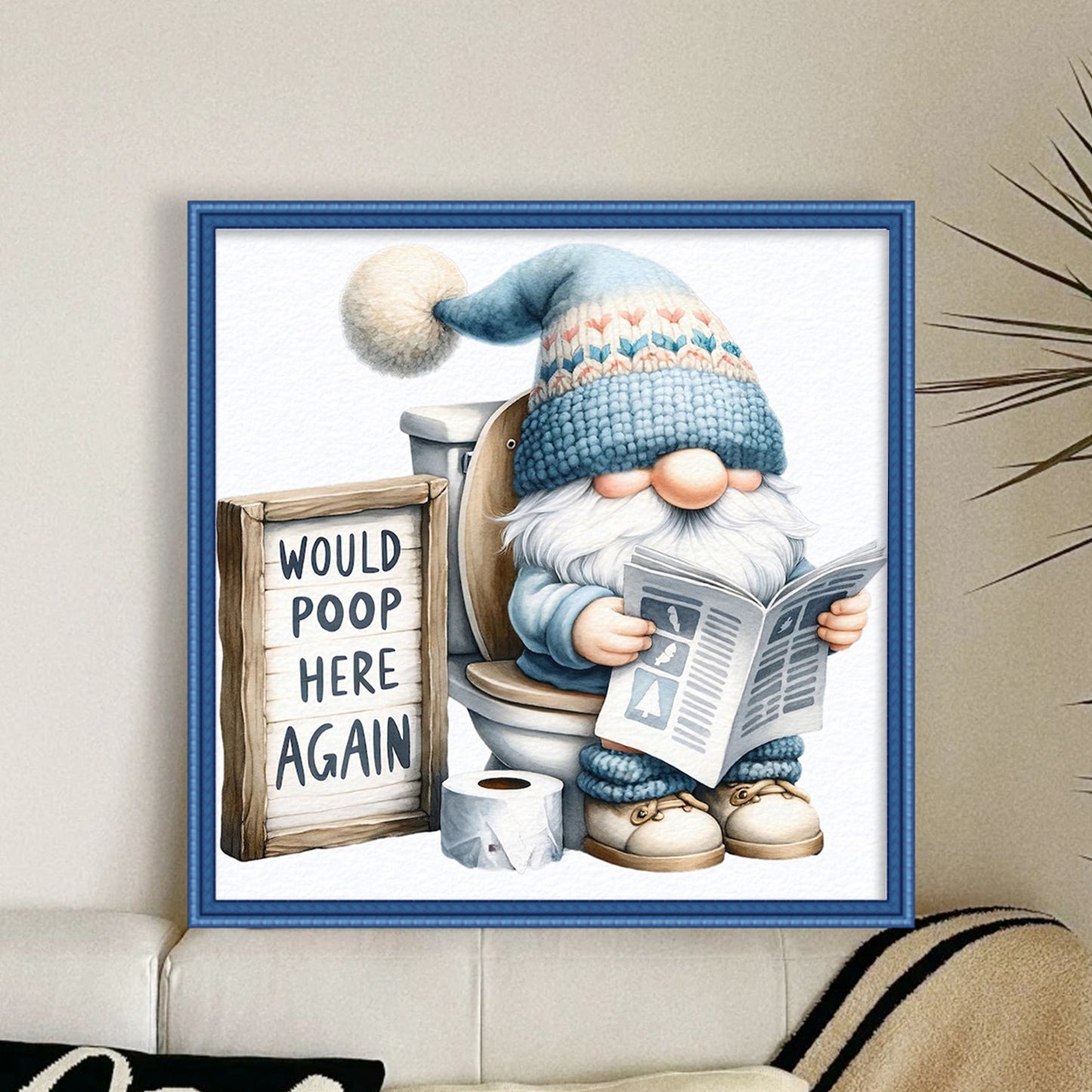 Gnome On Toilet - Full 11CT Counted Cross Stitch 45x45CM - Huacan