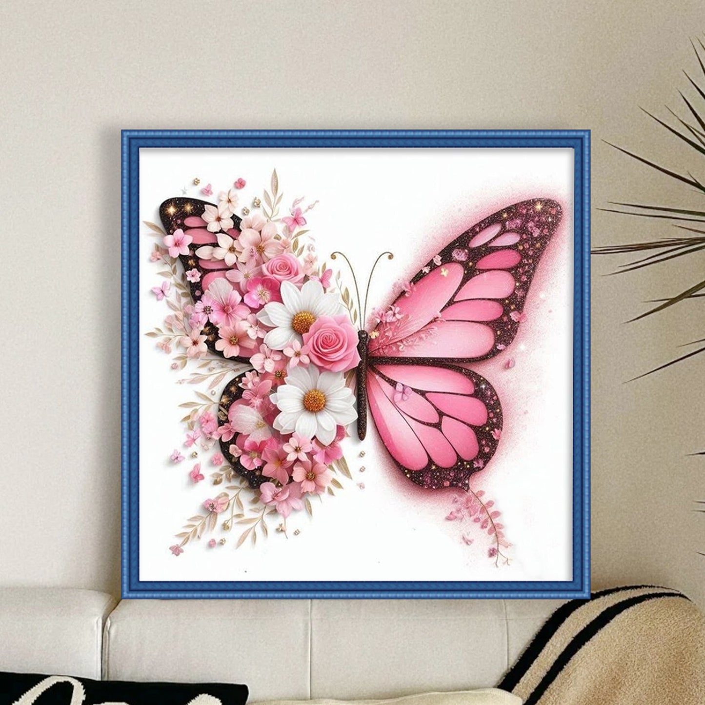 Pink Flower & Butterfly - Full 11CT Stamped Cross Stitch 45x45CM - Huacan
