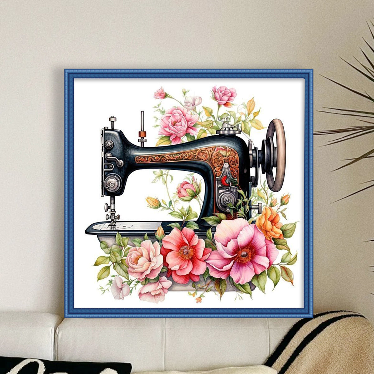 Schwarze florale Nähmaschine – Vollständiges 14CT gestempeltes Kreuzstich-Set 40x40CM – Huacan