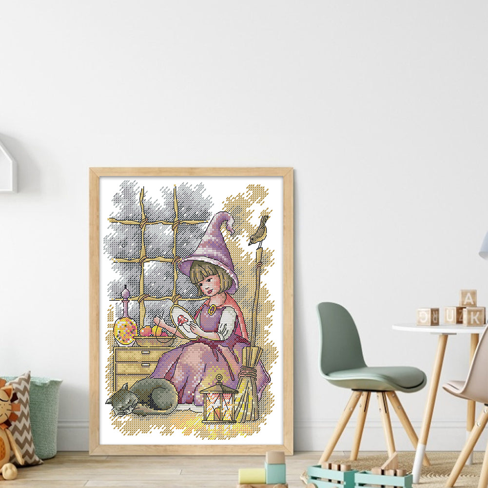 Little Girl Doing Needlework - Partial 14CT Stamped Cross Stitch 21x30CM - Joy Sunday Backstitch+Half Cross Stitch