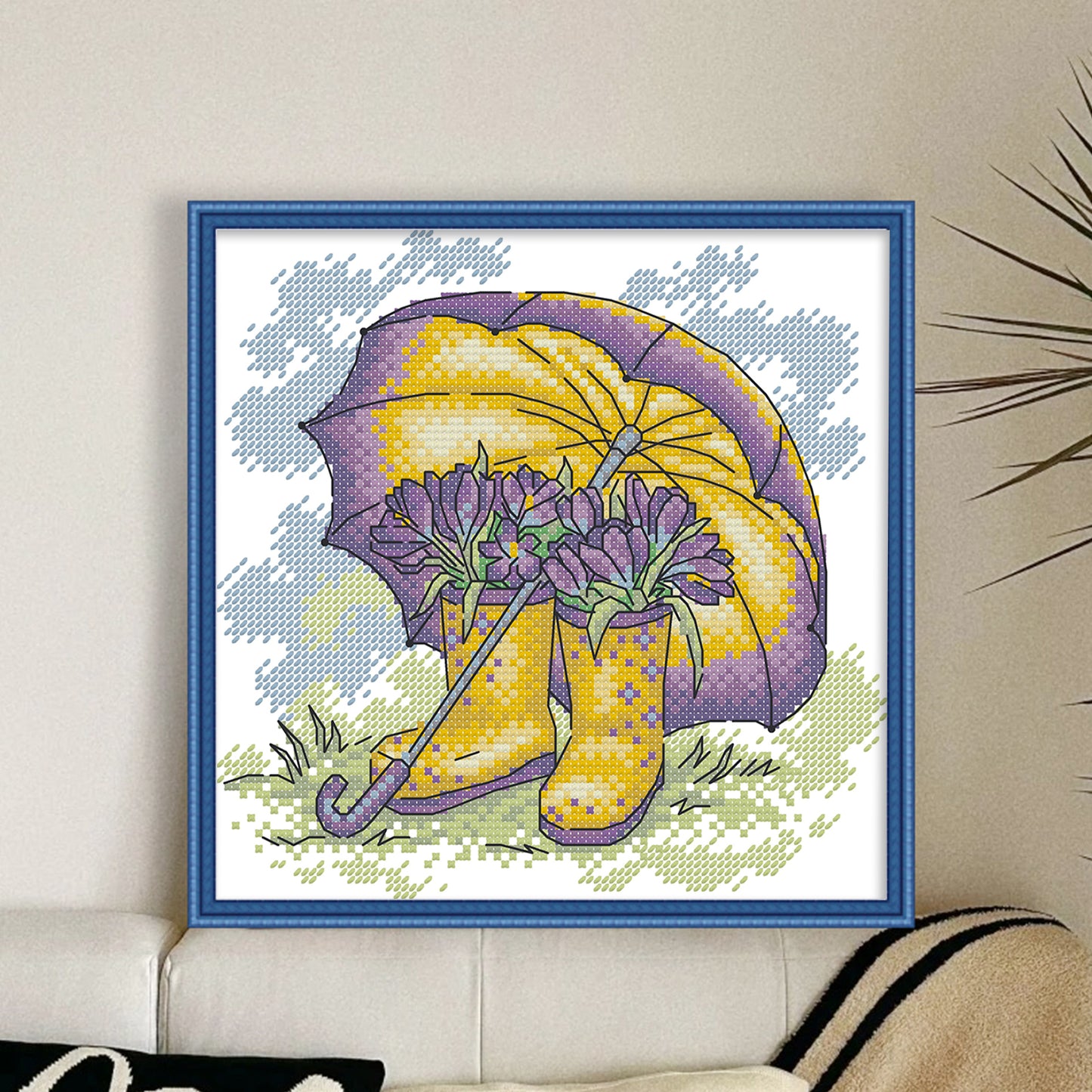 Umbrella And Rain Boots In Spring - Partial 14CT Stamped Cross Stitch 21x20CM - Joy Sunday Backstitch+Half Cross Stitch