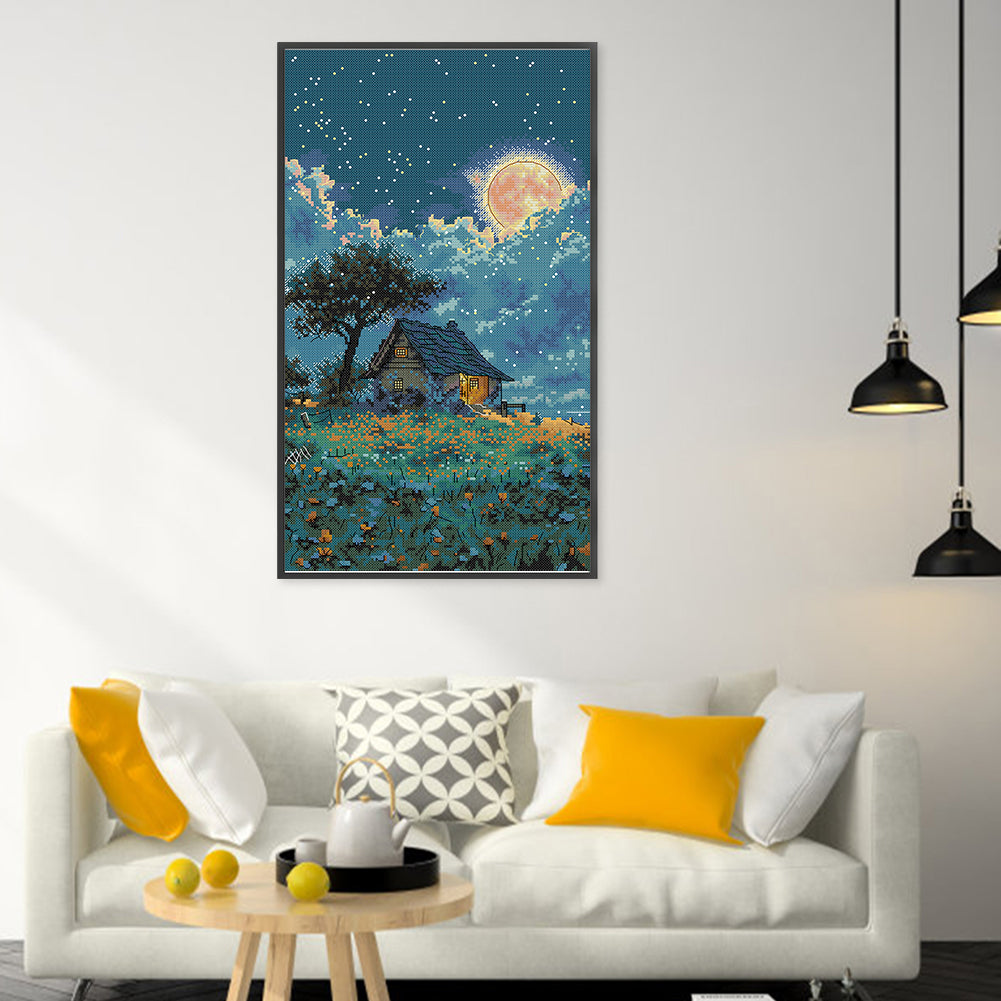 Cottage Under Moonlight - Full 14CT Stamped Cross Stitch 28x44CM - Joy Sunday