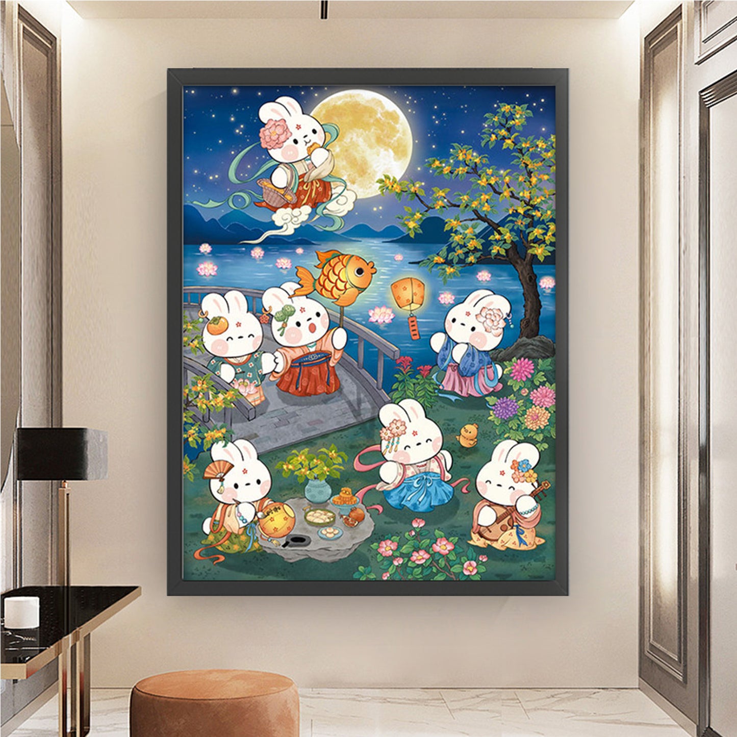 Rabbit With Blooming Flowers And Full Moon - Full 11CT Stamped Cross Stitch 55x70CM - Mona Lisa