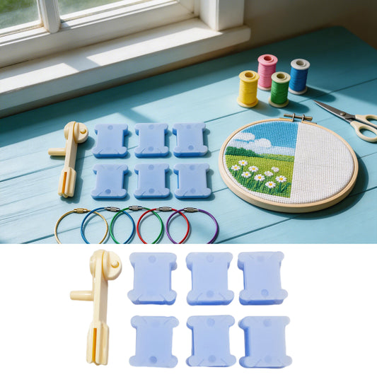 100PCS Plastic Embroidery Floss Bobbins with Floss Winder 4 Key Tags Embroidery Thread Organizer Cardboard for Cross-Stitch Craft DIY Sewing Storage (Blue)
