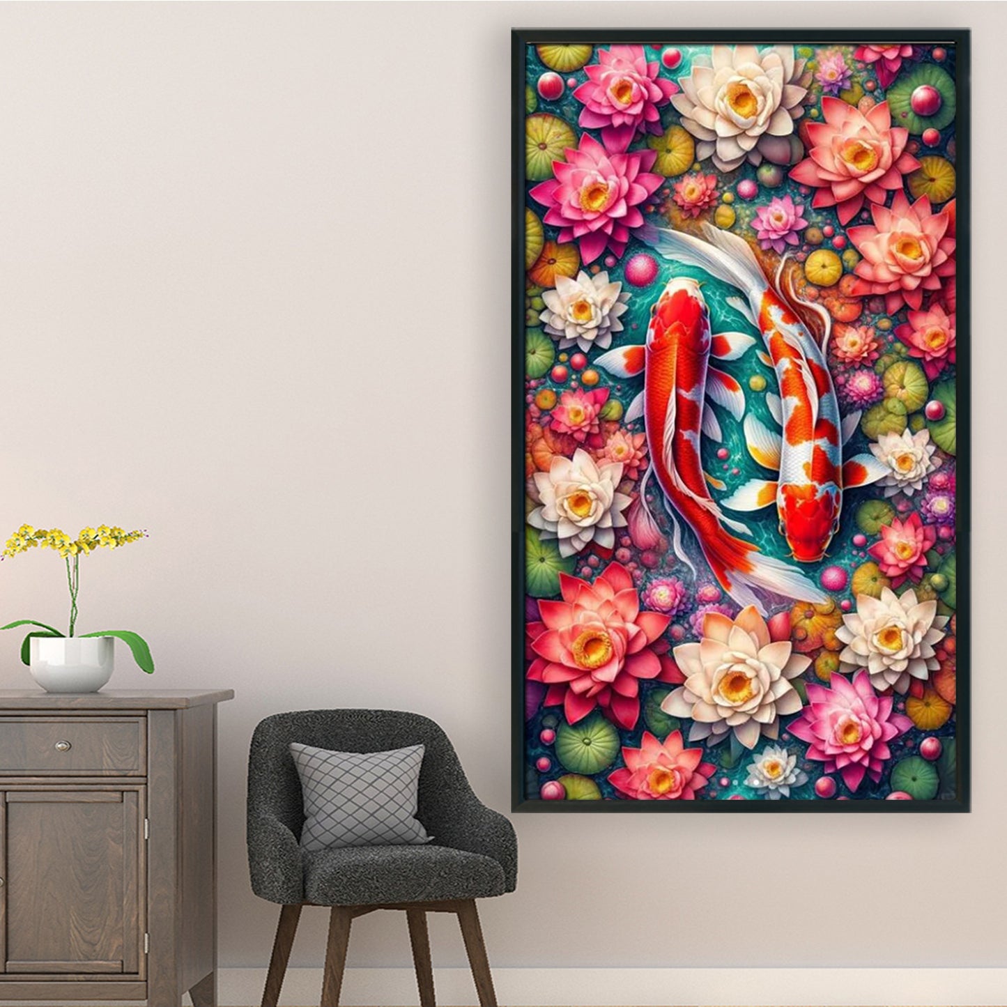 Koi In Lotus Pond - Full 14CT Stamped Cross Stitch 40x75CM - Huacan