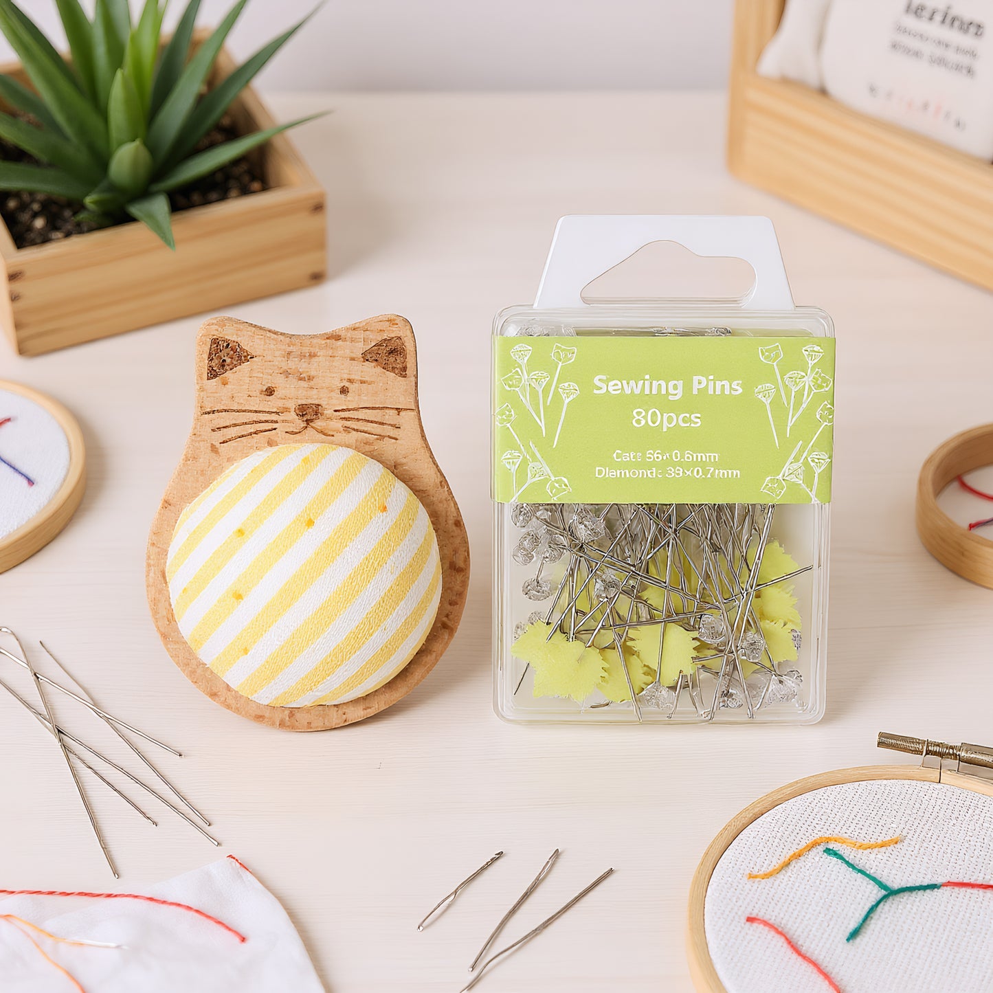Cute Cat Pin Cushion Kit with 80 Craft Positioning Pins Needle Holders Wooden Base Adorable Pincushion for Quilting Needlepoint DIY Projects (Yellow)