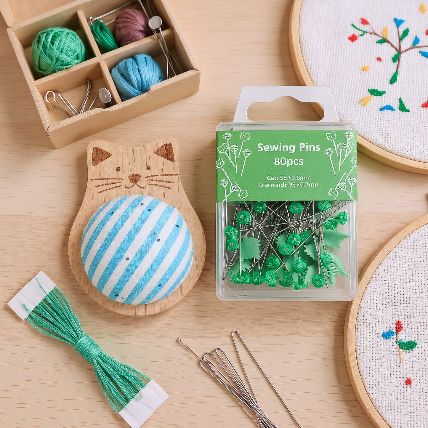 Cute Cat Pin Cushion Kit with 80 Craft Positioning Pins Needle Holders Wooden Base Adorable Pincushion for Quilting Needlepoint DIY Projects (Blue Green)