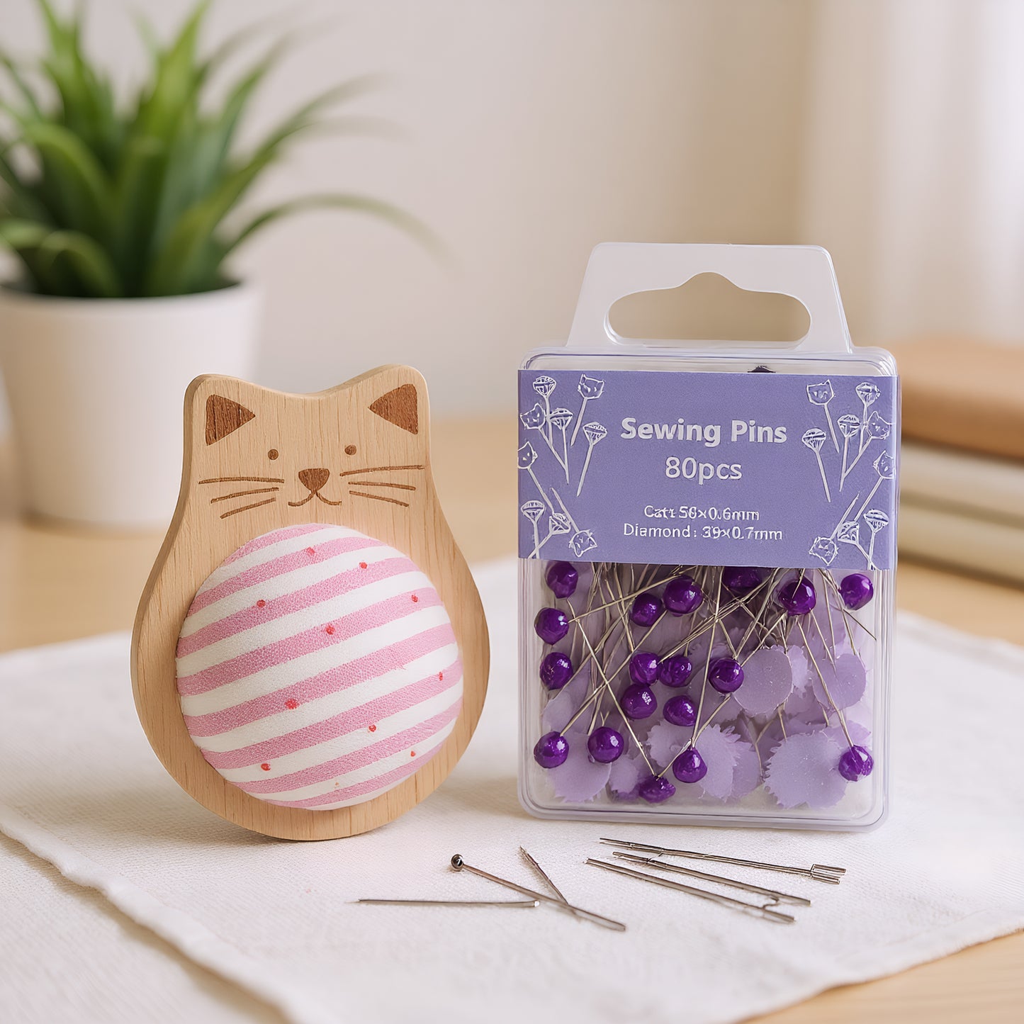 Cute Cat Pin Cushion Kit with 80 Craft Positioning Pins Needle Holders Wooden Base Adorable Pincushion for Quilting Needlepoint DIY Projects (Pink Purple)