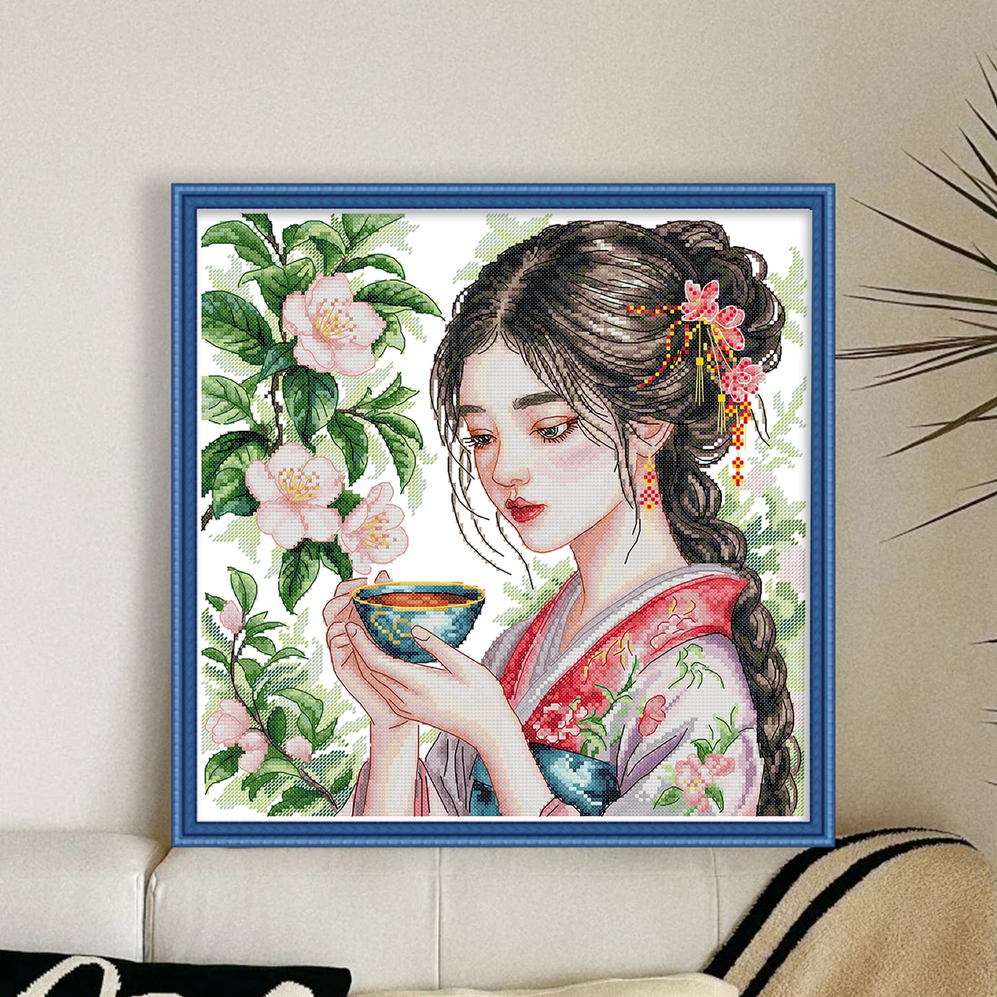 Girl Drinking Tea - Partial 14CT Stamped Cross Stitch 37x37CM - Joy Sunday Backstitch+Half Cross Stitch