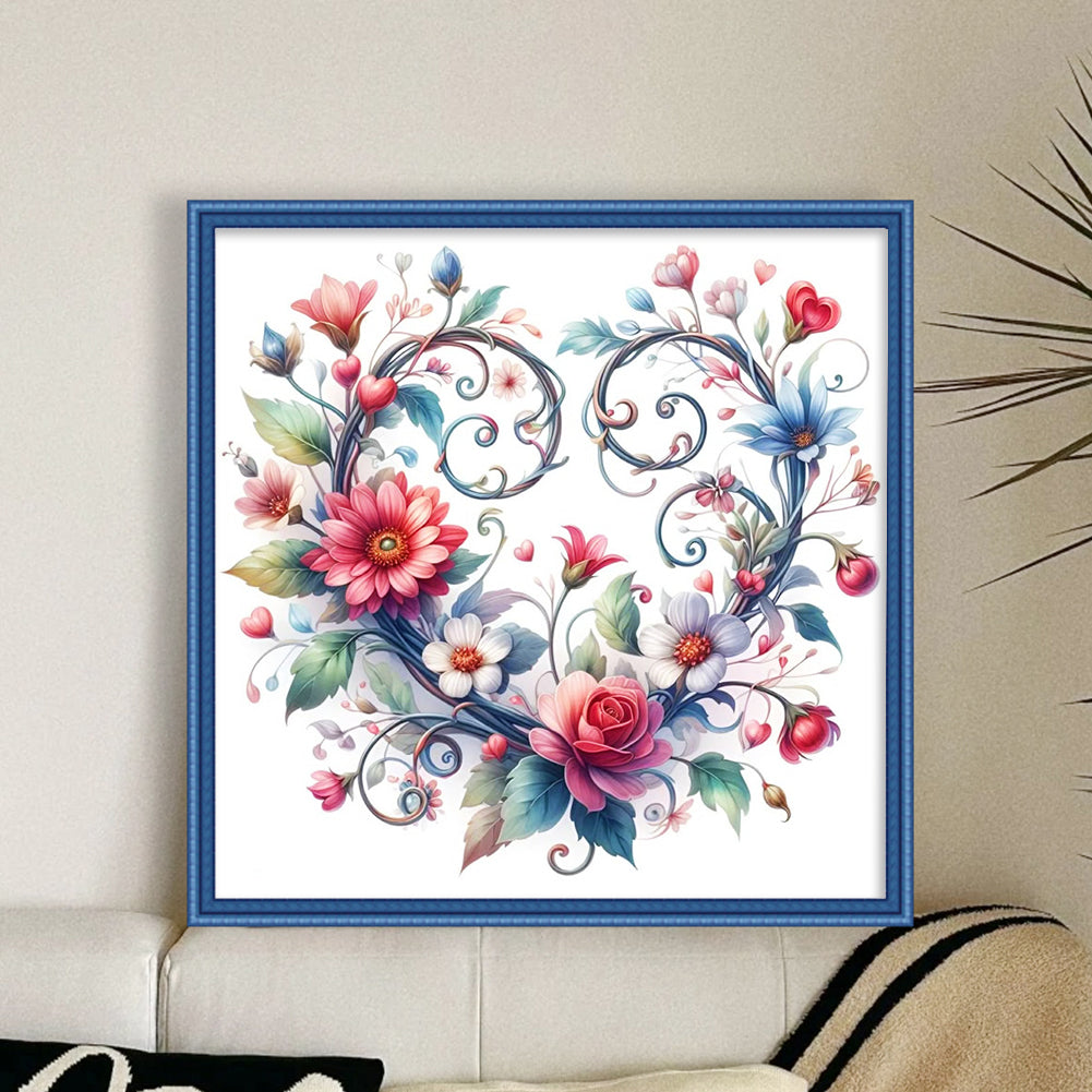 Heart Decorated with Flowers - Partial 11CT Stamped Cross Stitch - Bead Embroidery 36x36CM/14.17x14.17in
