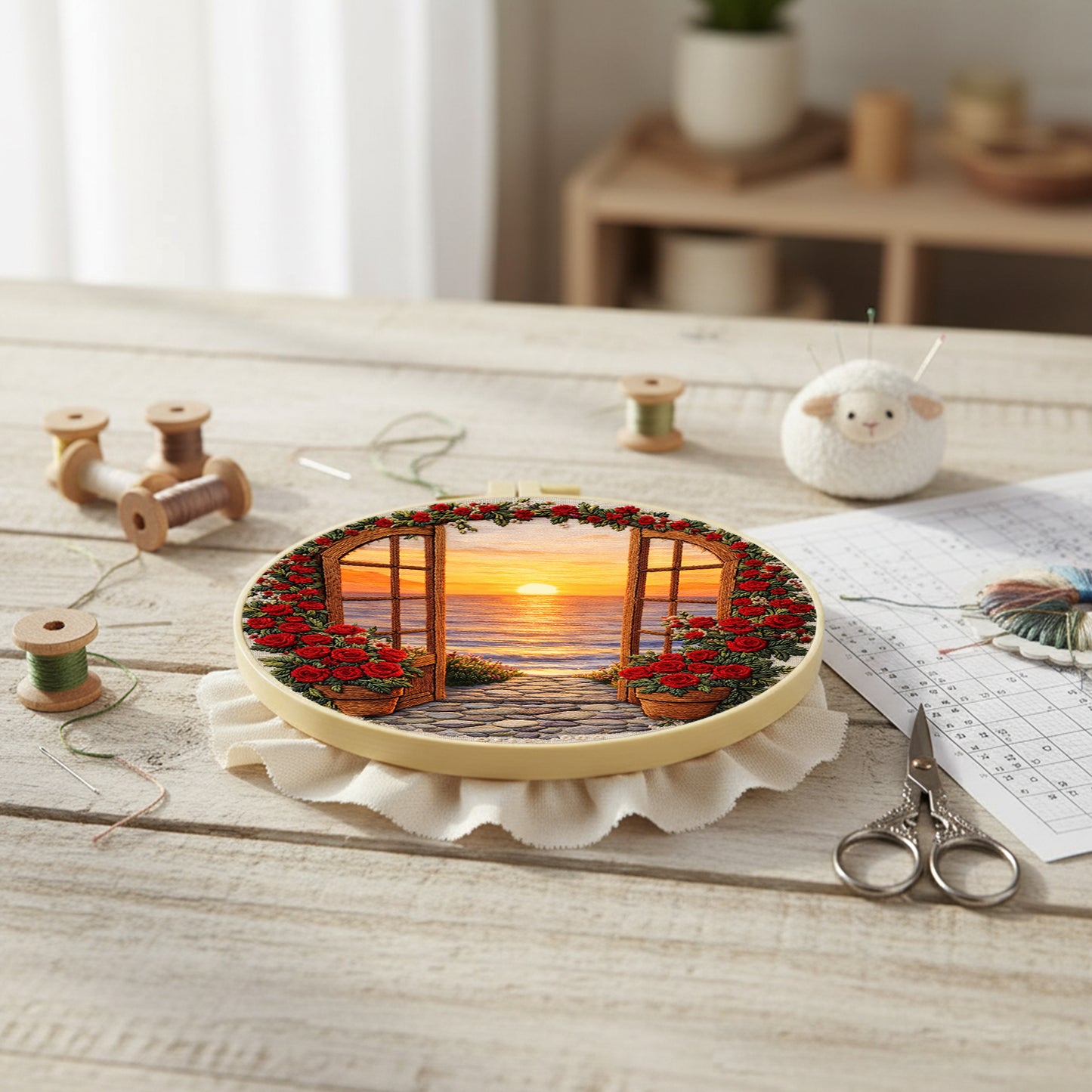 Roses And Sunset - DIY Embroidery Cross Stitch Kit with Pattern Cotton Threads Needles Hoop 29x29CM/11.42x11.42in