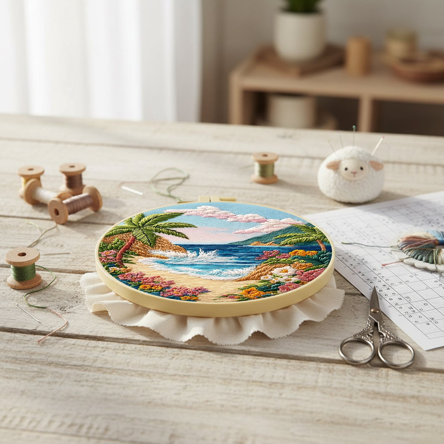 Seaside Beach - DIY Embroidery Cross Stitch Kit with Pattern Cotton Threads Needles Hoop 29x29CM/11.42x11.42in