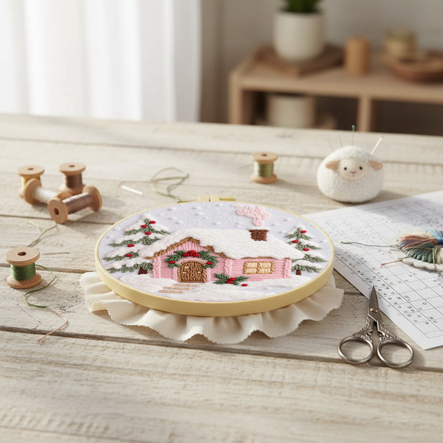 Christmas Cabin - DIY Embroidery Cross Stitch Kit with Pattern Cotton Threads Needles Hoop 29x29CM/11.42x11.42in