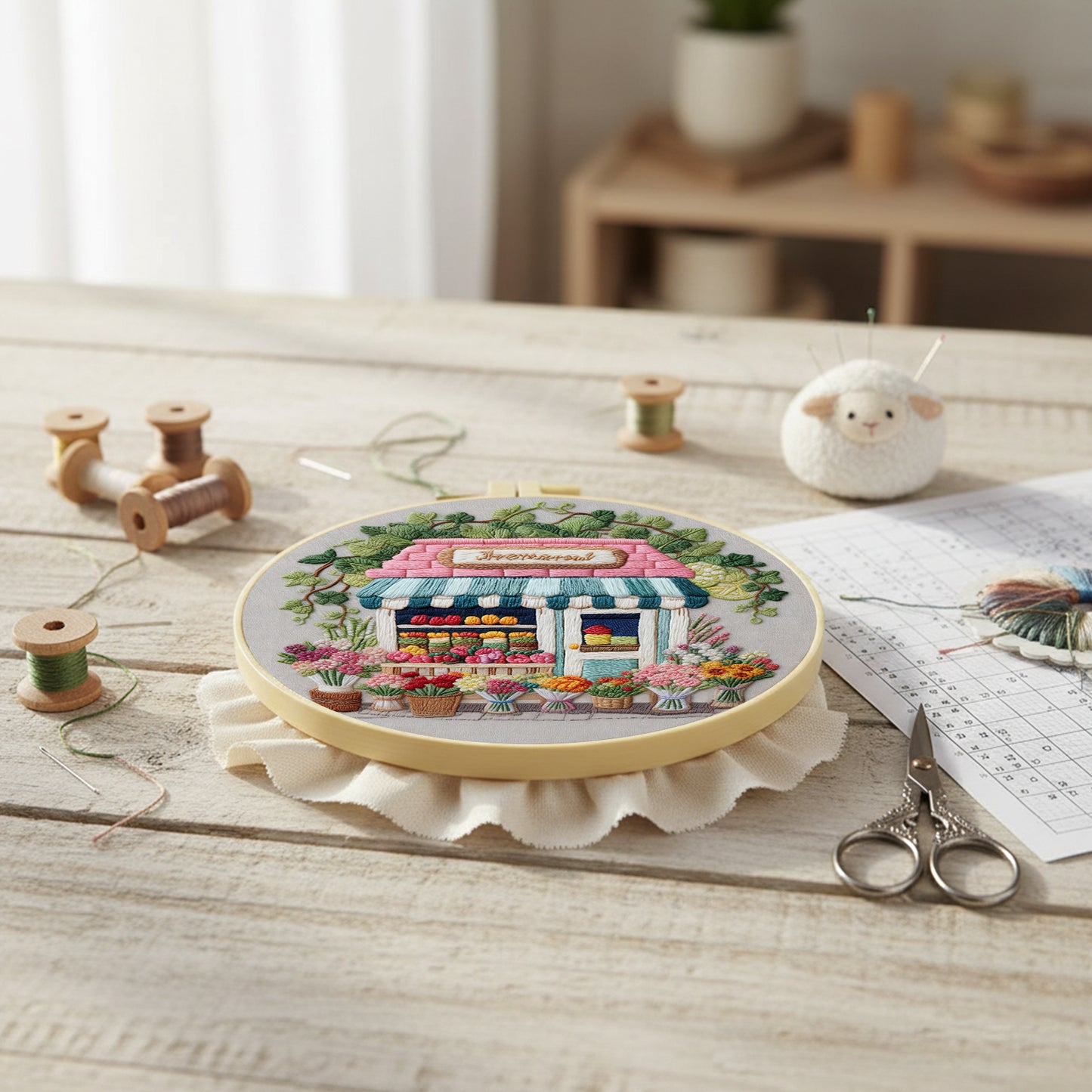 Flower Shop - DIY Embroidery Cross Stitch Kit with Pattern Cotton Threads Needles Hoop 29x29CM/11.42x11.42in