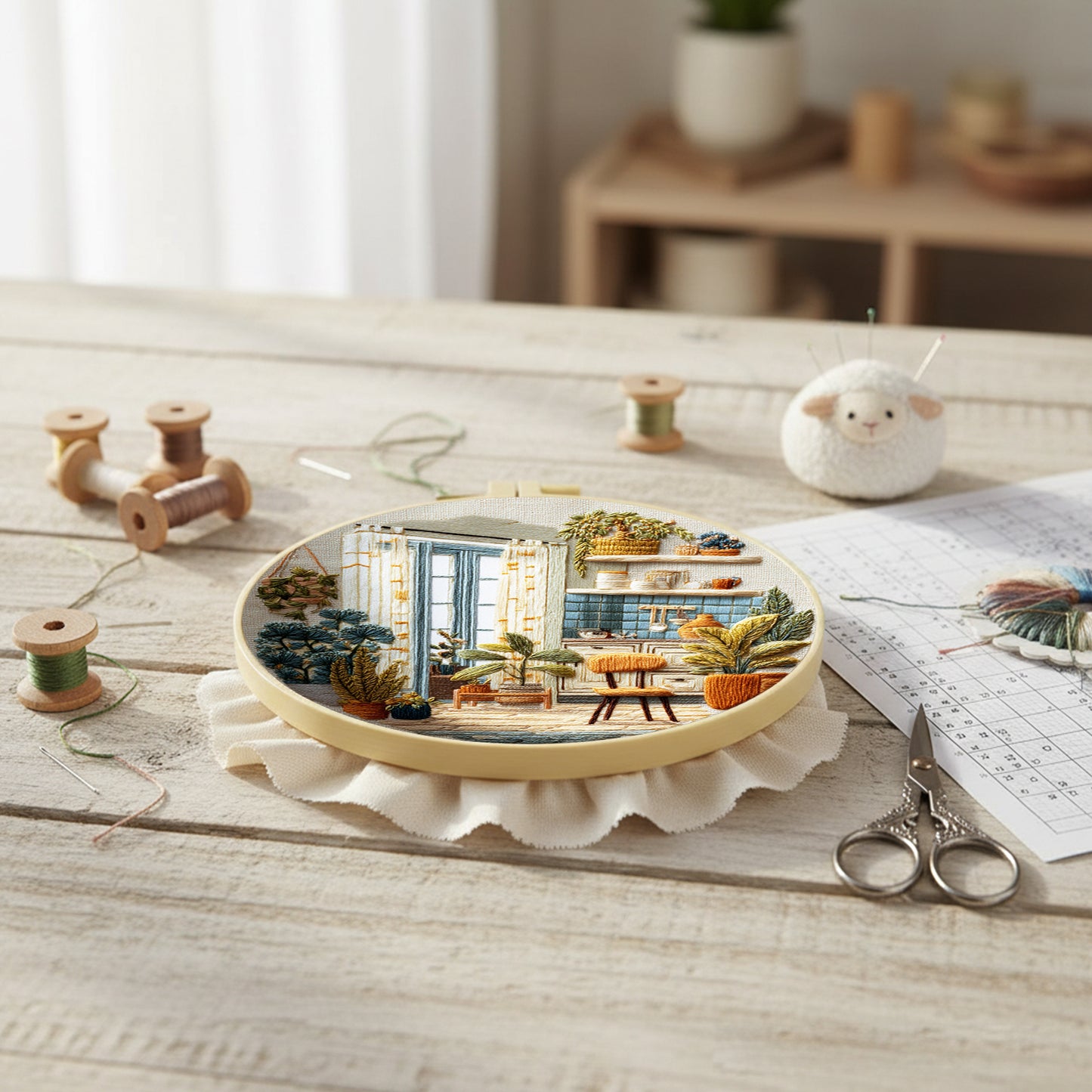 Kitchen - DIY Embroidery Cross Stitch Kit with Pattern Cotton Threads Needles Hoop 29x29CM/11.42x11.42in