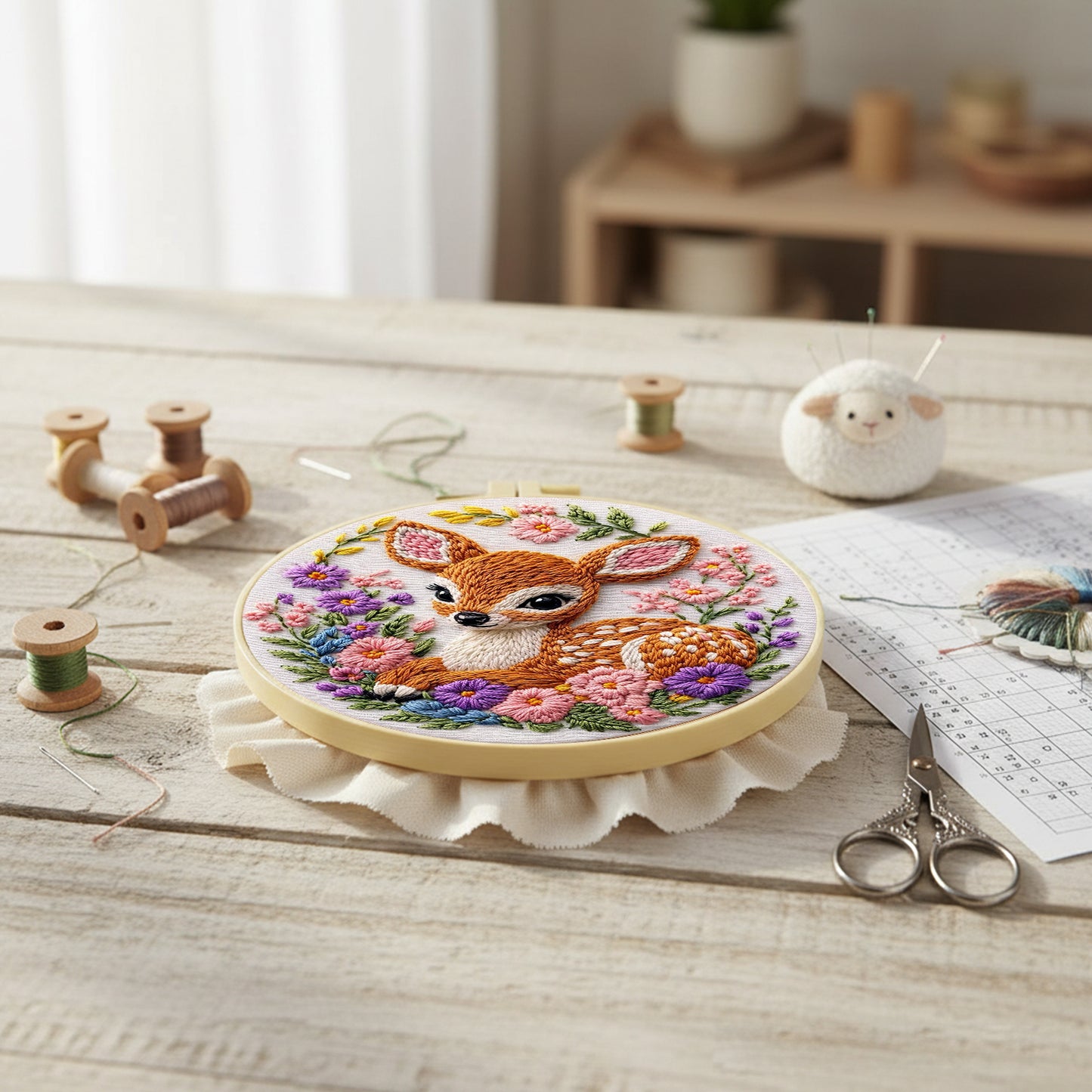 Deer And Flowers - DIY Embroidery Cross Stitch Kit with Pattern Cotton Threads Needles Hoop 29x29CM/11.42x11.42in