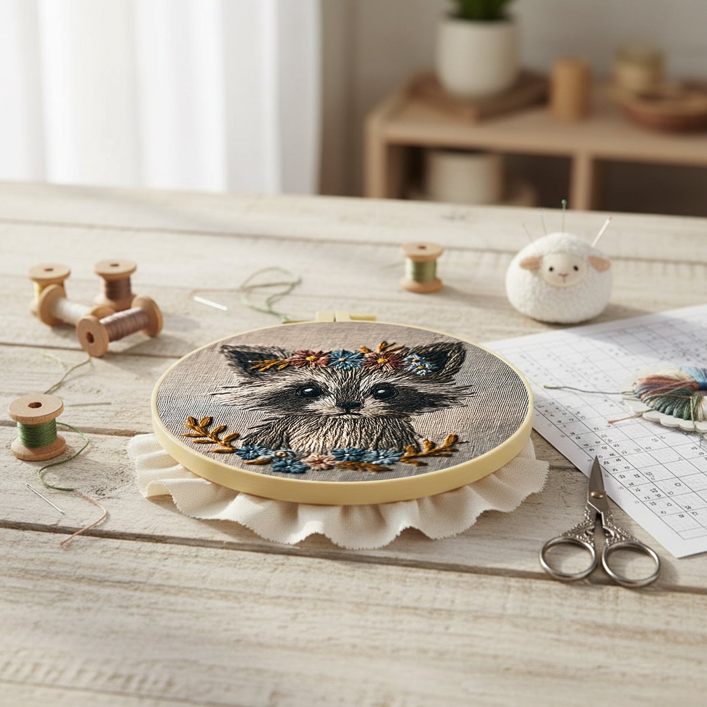 Raccoon With Floral Wreath - DIY Embroidery Cross Stitch Kit with Pattern Cotton Threads Needles Hoop 29x29CM/11.42x11.42in