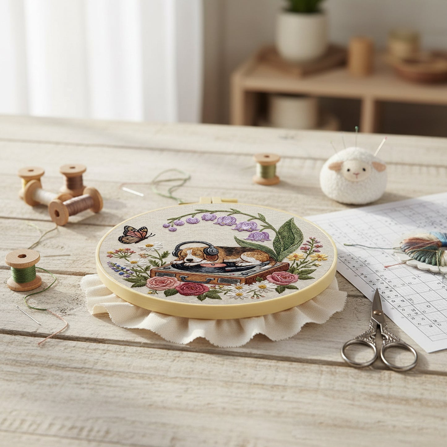 Dog And Record Player - DIY Embroidery Cross Stitch Kit with Pattern Cotton Threads Needles Hoop 29x29CM/11.42x11.42in