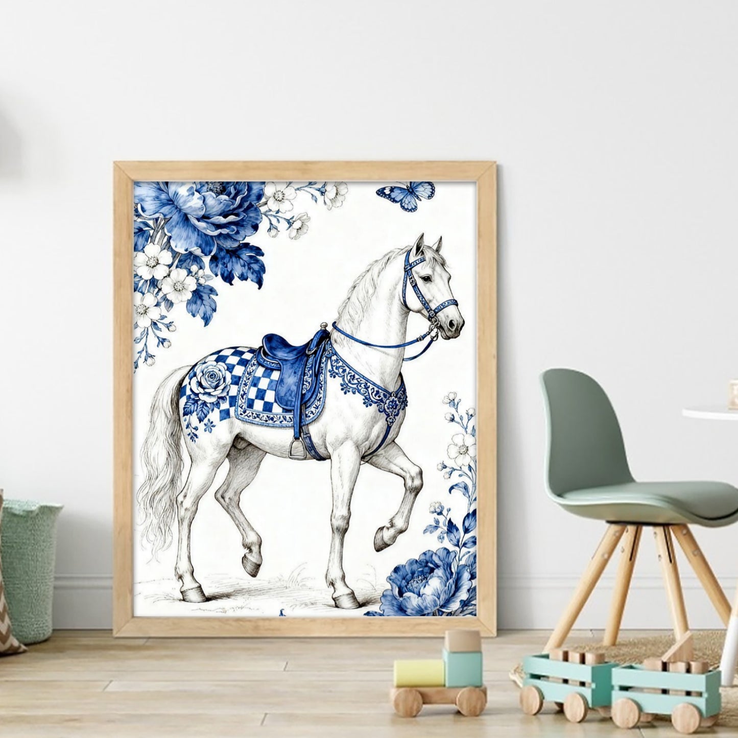 Blue And White Porcelain Series - White Horse - Full 11CT Stamped Cross Stitch 40x50CM - Huacan