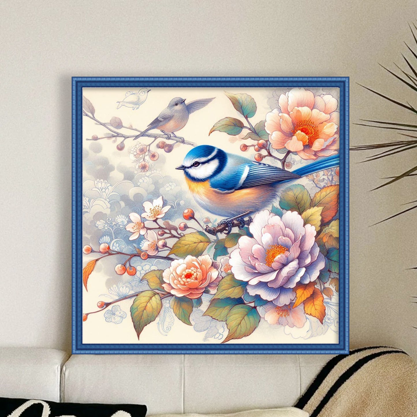 Robin And Flowers - Full 11CT Stamped Cross Stitch 40x40CM - Huacan