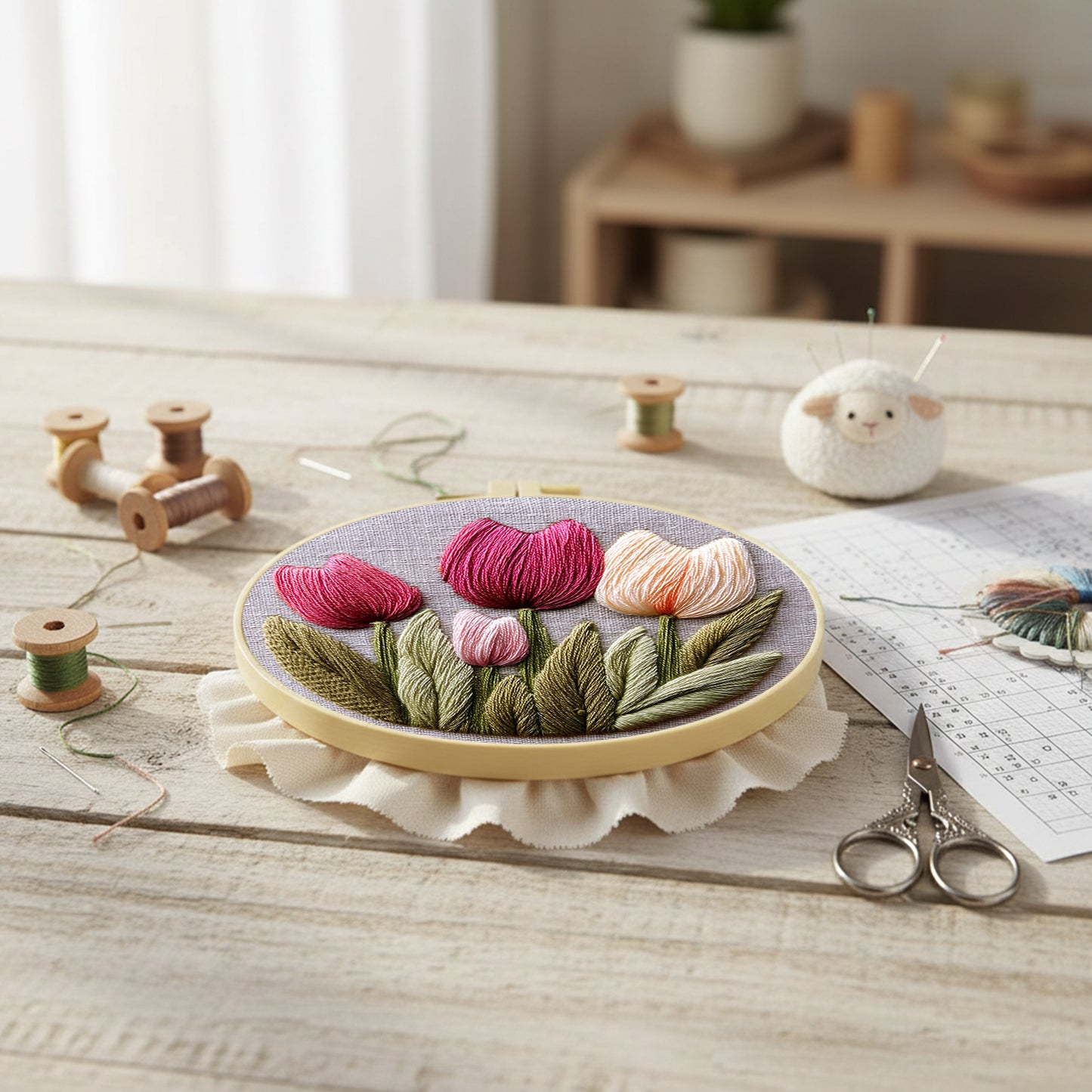 Tulip - DIY Embroidery Cross Stitch Kit with Pattern Cotton Threads Needles Hoop 30x30CM/11.81x11.81in