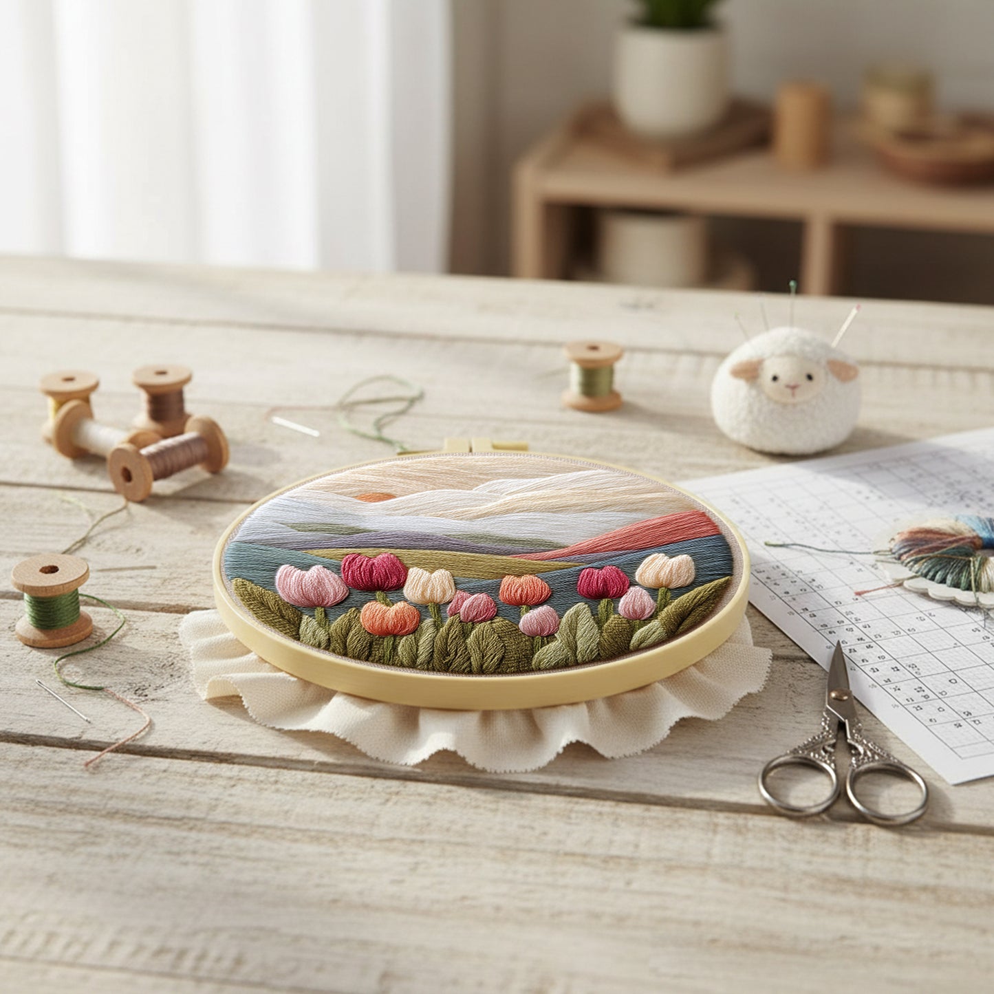 Tulip - DIY Embroidery Cross Stitch Kit with Pattern Cotton Threads Needles Hoop 30x30CM/11.81x11.81in