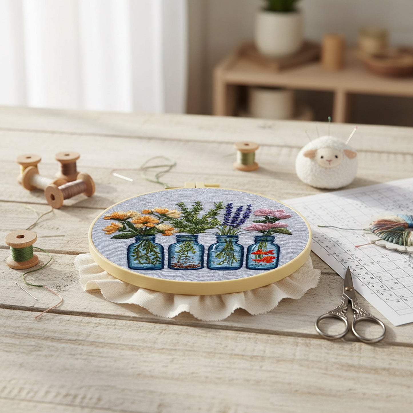 Glass Bottle Vase - DIY Embroidery Cross Stitch Kit with Pattern Cotton Threads Needles Hoop 30x30CM/11.81x11.81in