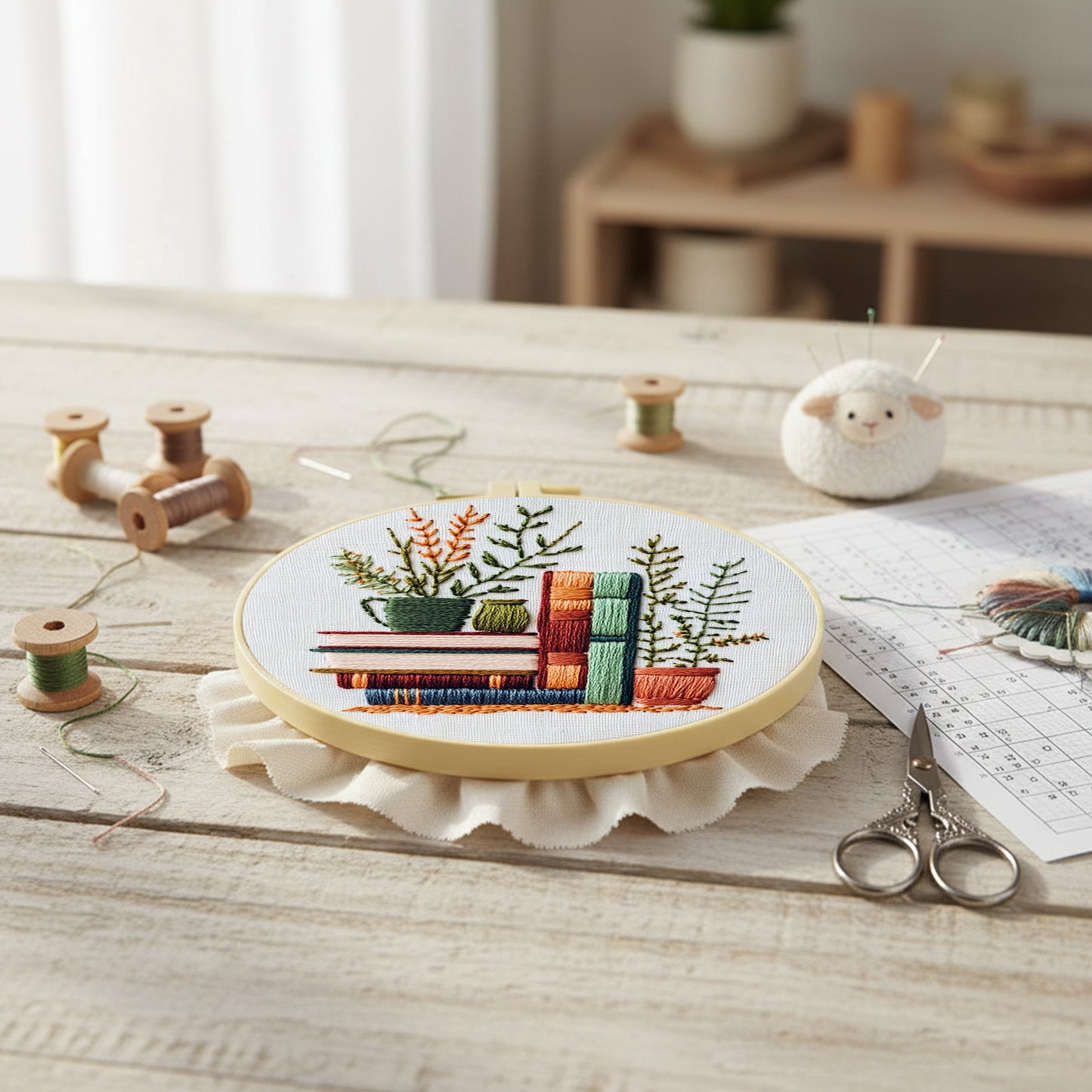 Books - DIY Embroidery Cross Stitch Kit with Pattern Cotton Threads Needles Hoop 30x30CM/11.81x11.81in