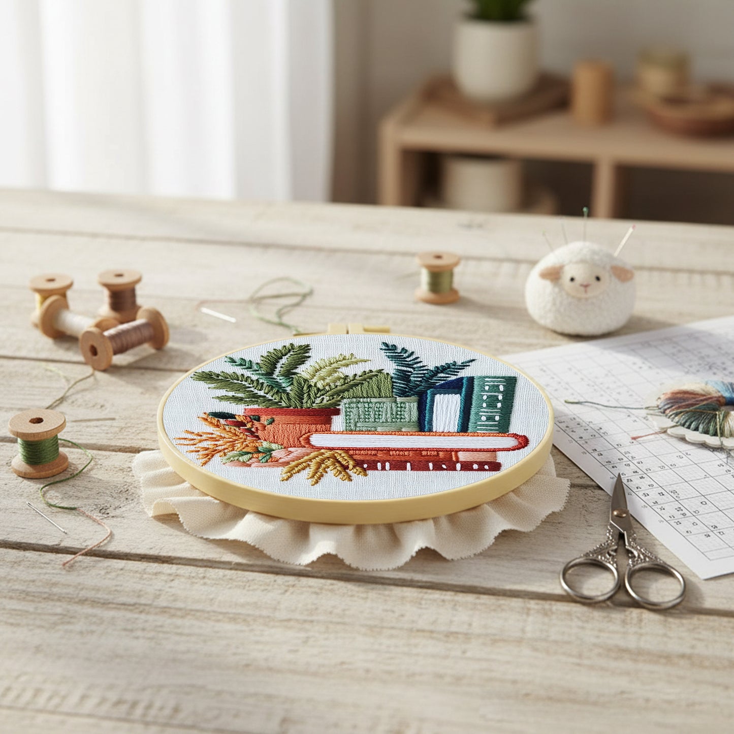 Books - DIY Embroidery Cross Stitch Kit with Pattern Cotton Threads Needles Hoop 30x30CM/11.81x11.81in
