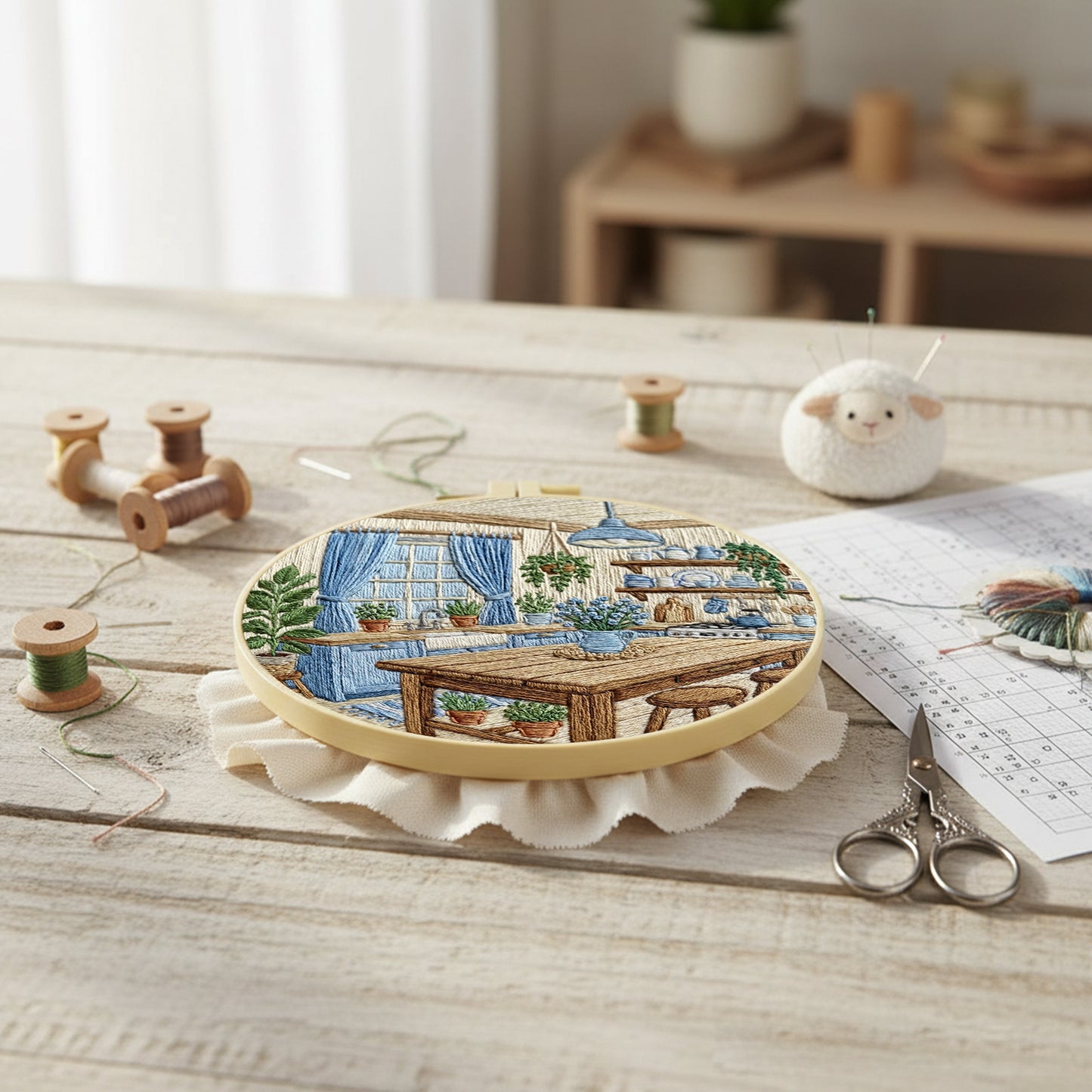 Kitchen Table - DIY Embroidery Cross Stitch Kit with Pattern Cotton Threads Needles Hoop 30x30CM/11.81x11.81in