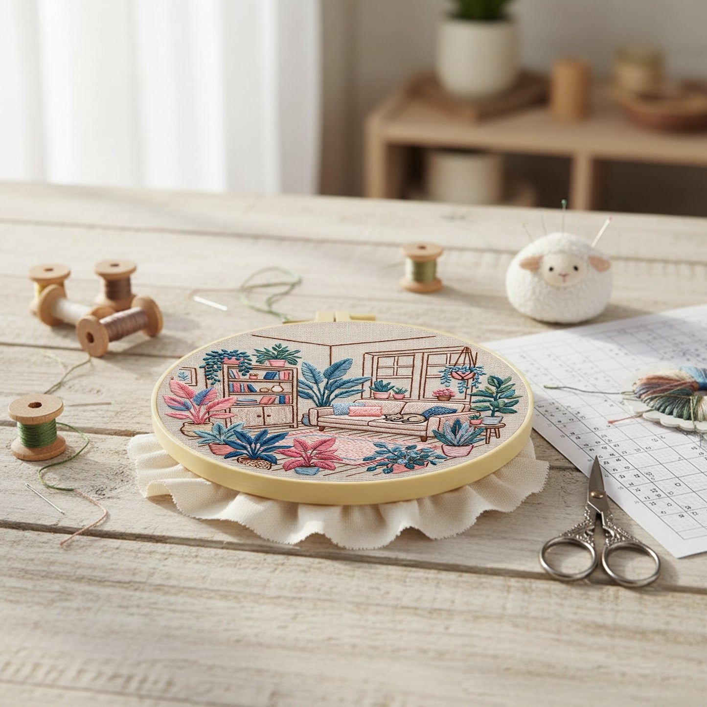 Living Room - DIY Embroidery Cross Stitch Kit with Pattern Cotton Threads Needles Hoop 30x30CM/11.81x11.81in