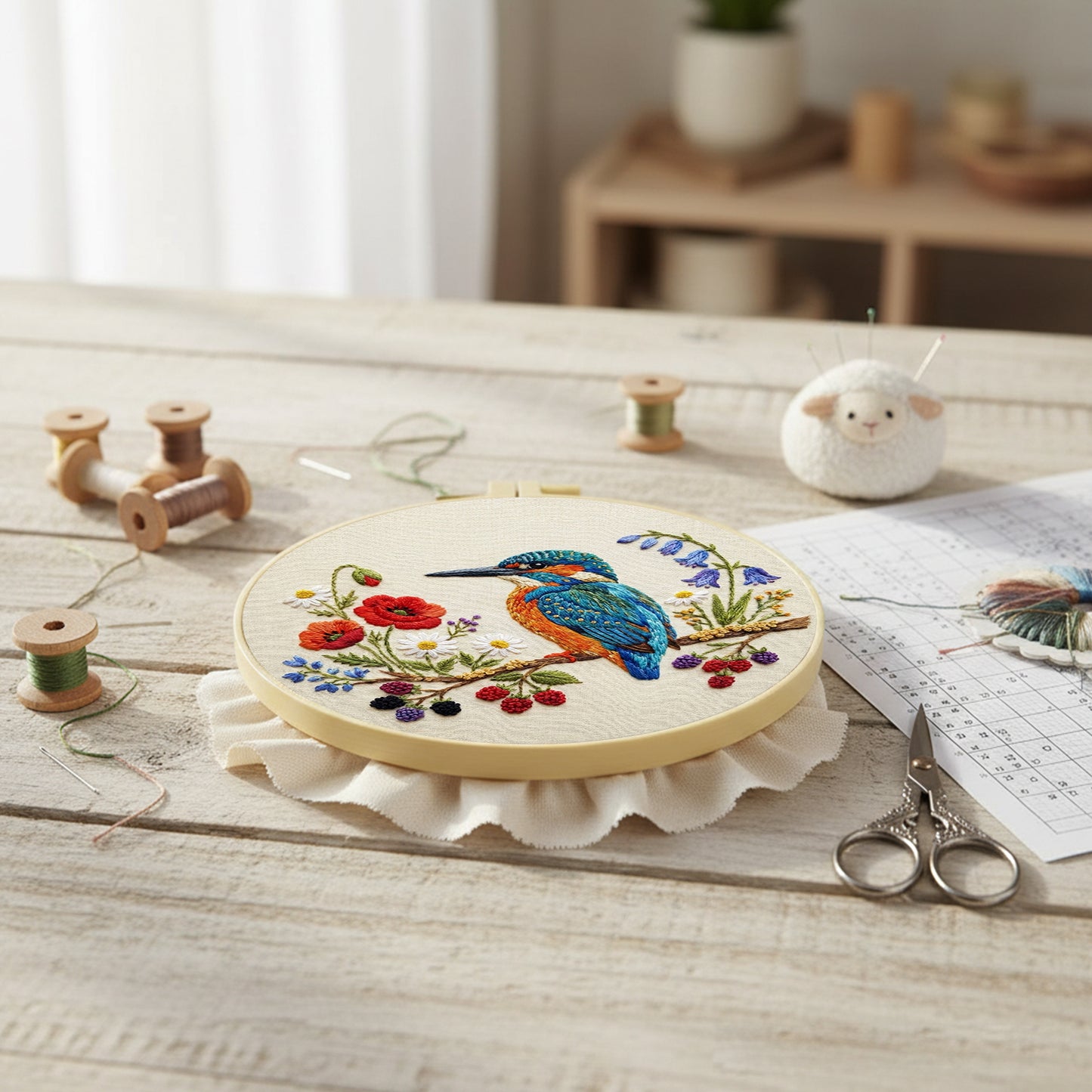 Alcedo Atthis - DIY Embroidery Cross Stitch Kit with Pattern Cotton Threads Needles Hoop 30x30CM/11.81x11.81in