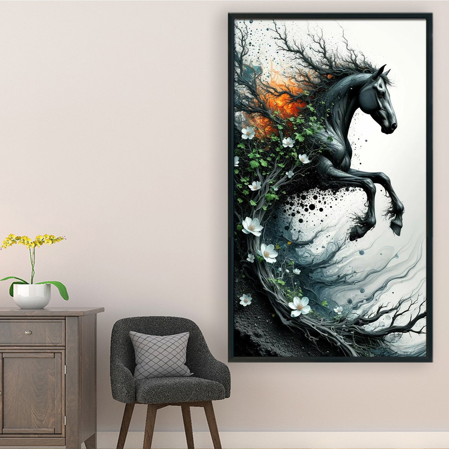 Tree & Black Horse - Full 11CT Stamped Cross Stitch 40x70CM - Yishu