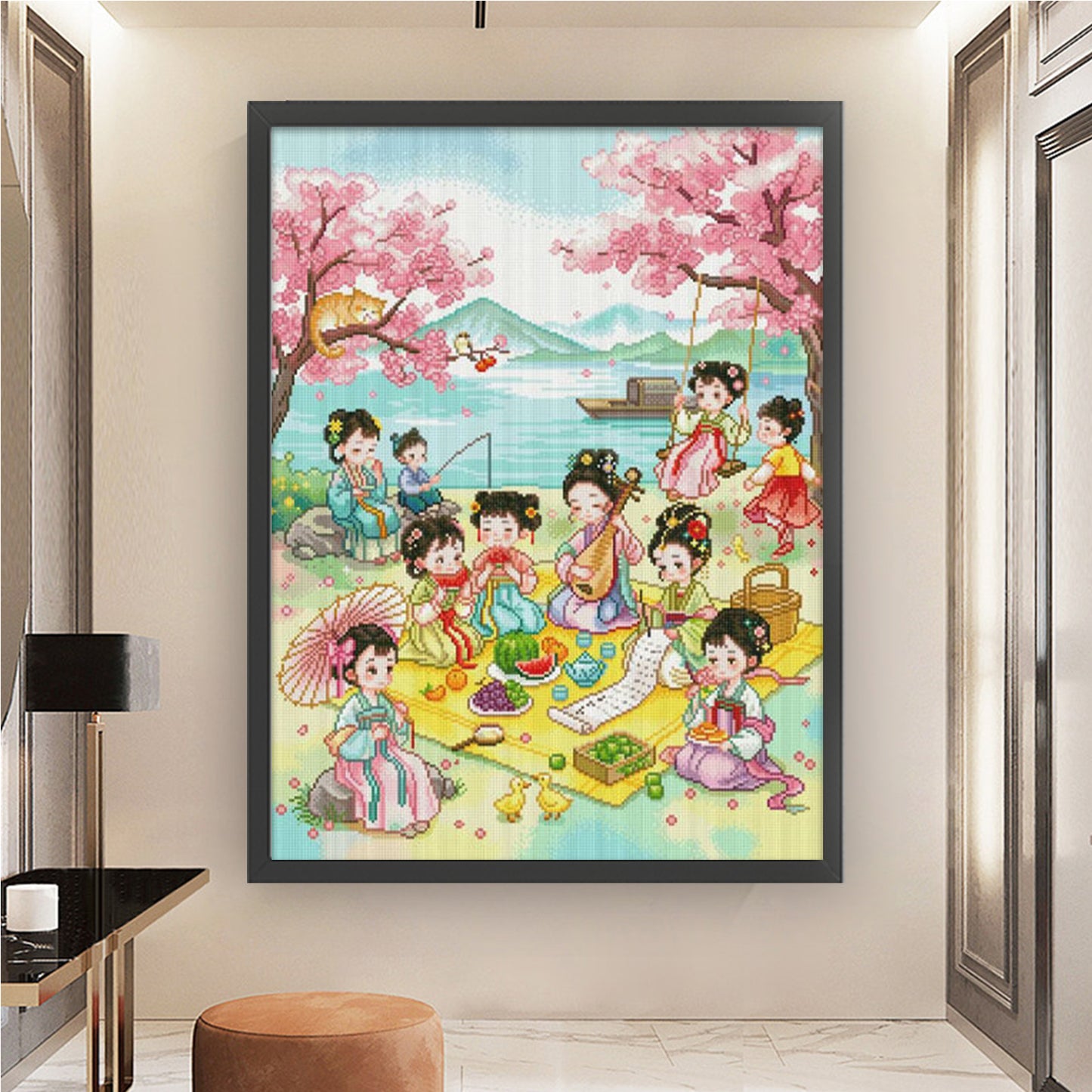 Cartoon Ancient Maiden Spring Outing - Full 11CT Stamped Cross Stitch 60x75CM - Mona Lisa