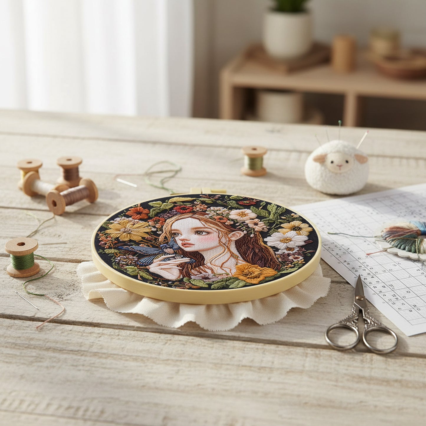 Butterfly Girl - DIY Embroidery Cross Stitch Kit with Pattern Cotton Threads Needles Hoop 30x30CM/11.81x11.81in