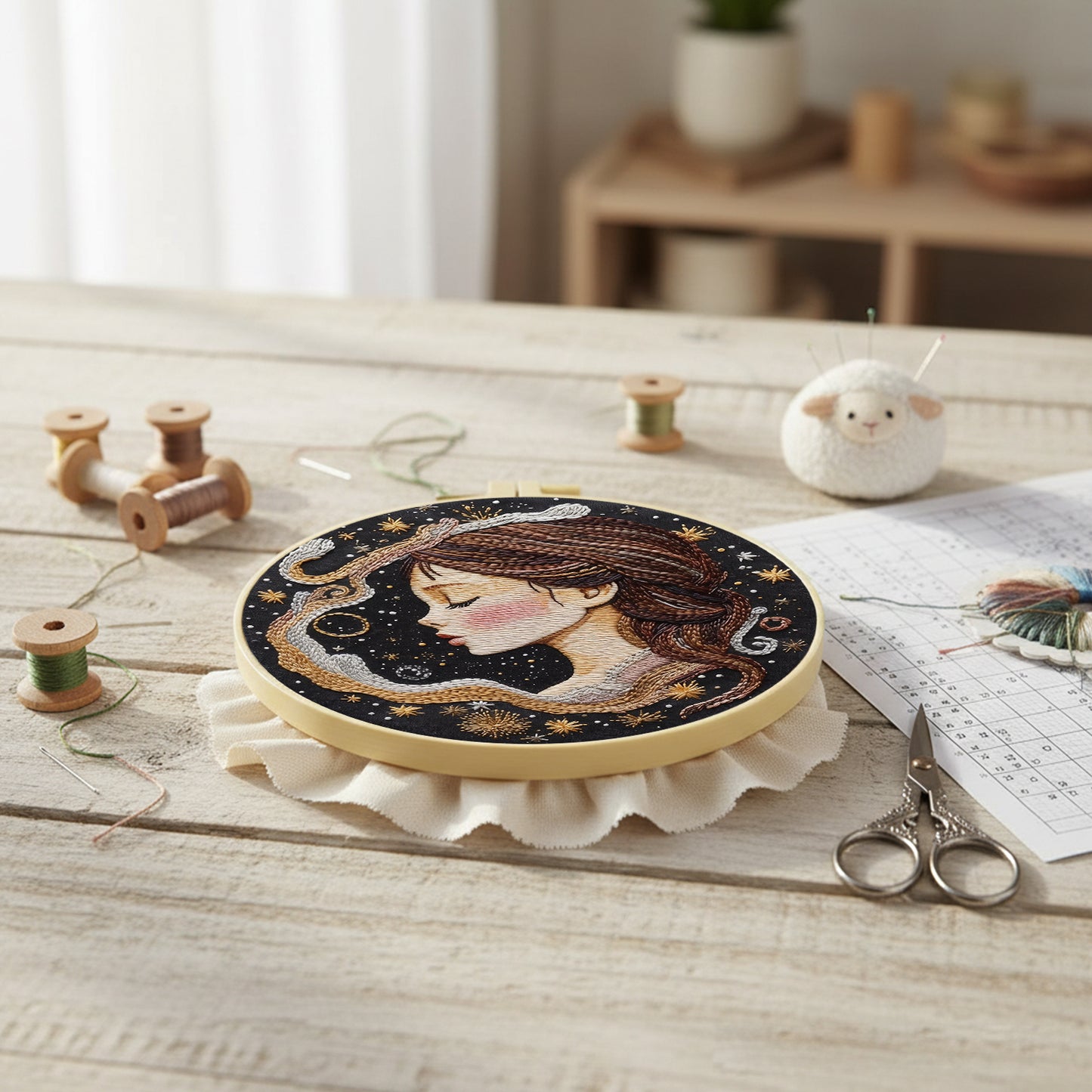 Star Girl - DIY Embroidery Cross Stitch Kit with Pattern Cotton Threads Needles Hoop 30x30CM/11.81x11.81in