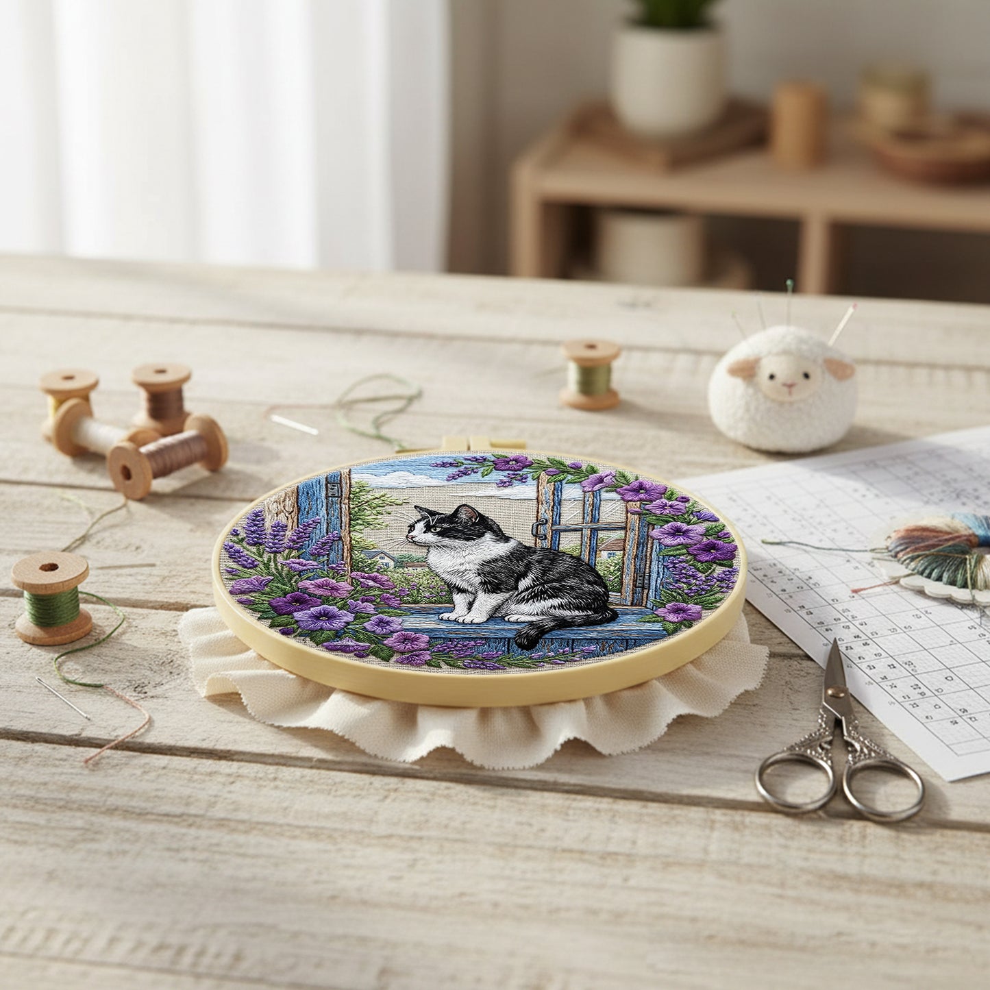 Window Cat - DIY Embroidery Cross Stitch Kit with Pattern Cotton Threads Needles Hoop 30x30CM/11.81x11.81in